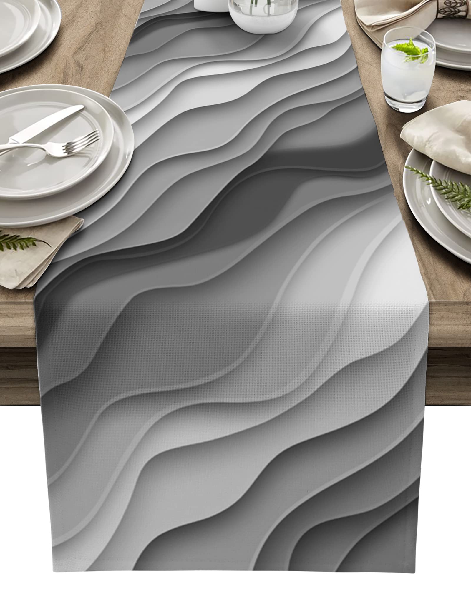 Ombre Cotton Linen Table Runner - Abstract Gradient Stripe Black Grey - 13x90 Inch Modern Table Scarf for Dining Table, Kitchen Decor, Holiday Dinner & Dresser Decoration - Perfect for Weddings, Parties & Home Styling
