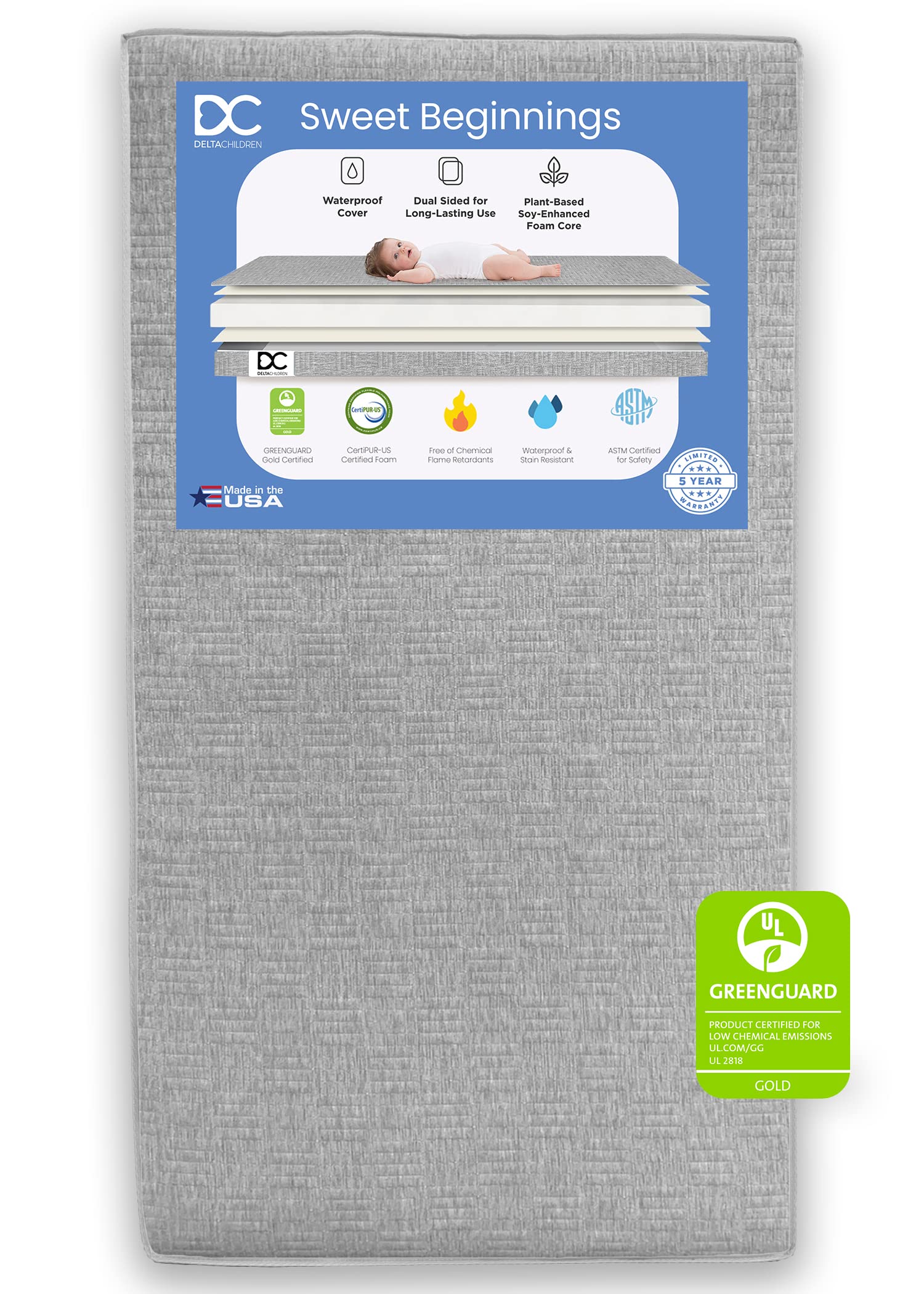 Delta Children Sweet Beginnings Dual Sided Crib & Toddler Mattress - GREENGUARD Gold & CertiPUR-US Certified - Plant-Based Soy Foam Core - Waterproof Cover - 5 Year Warranty - Made in USA - Perfect for Nursery & Toddler Bed Transition
