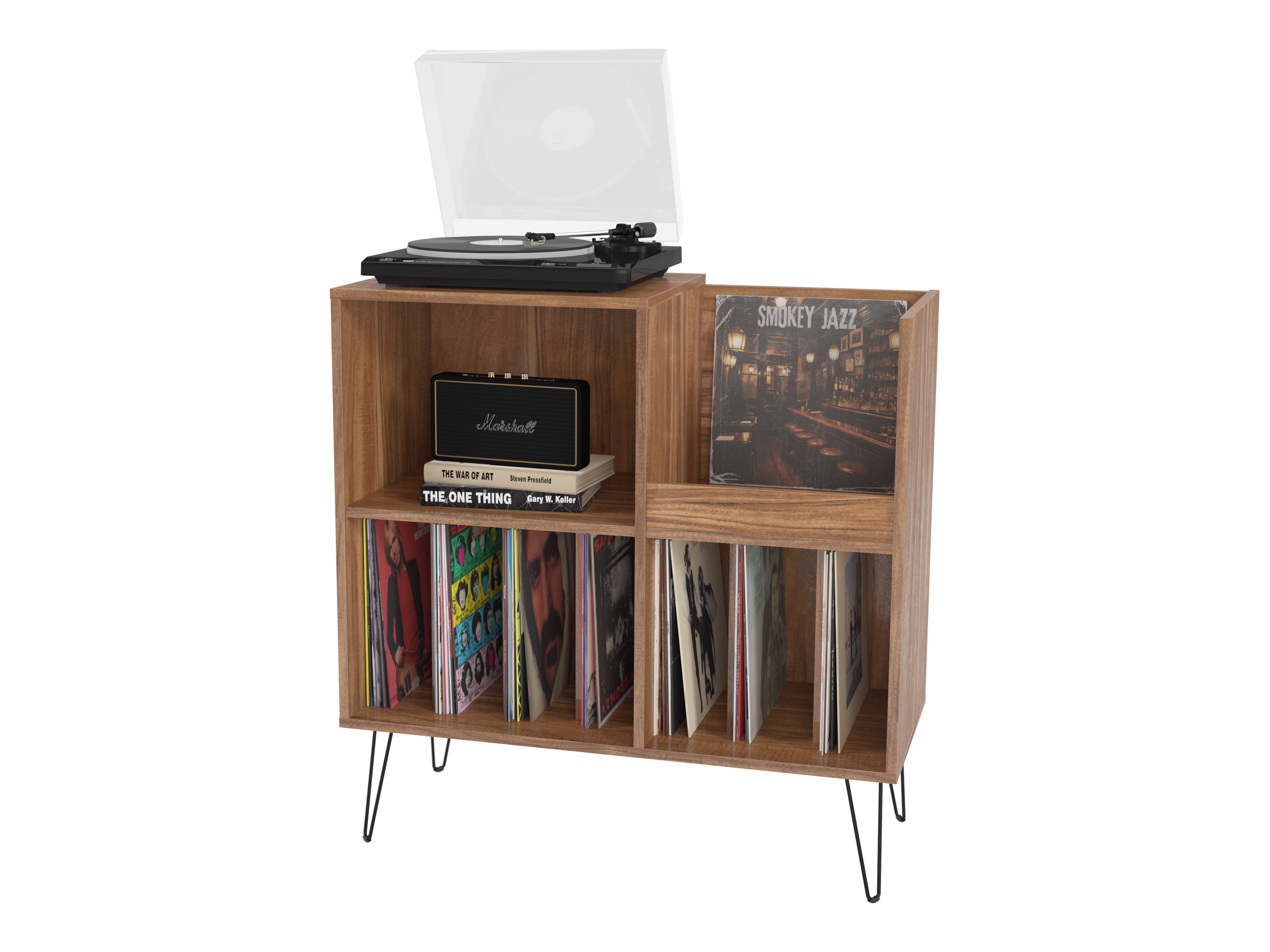 Brown Large Open Shelved Turntable Stand - Spacious Vinyl Record Storage Organizer for Living Room, Bedroom, or Office Decor