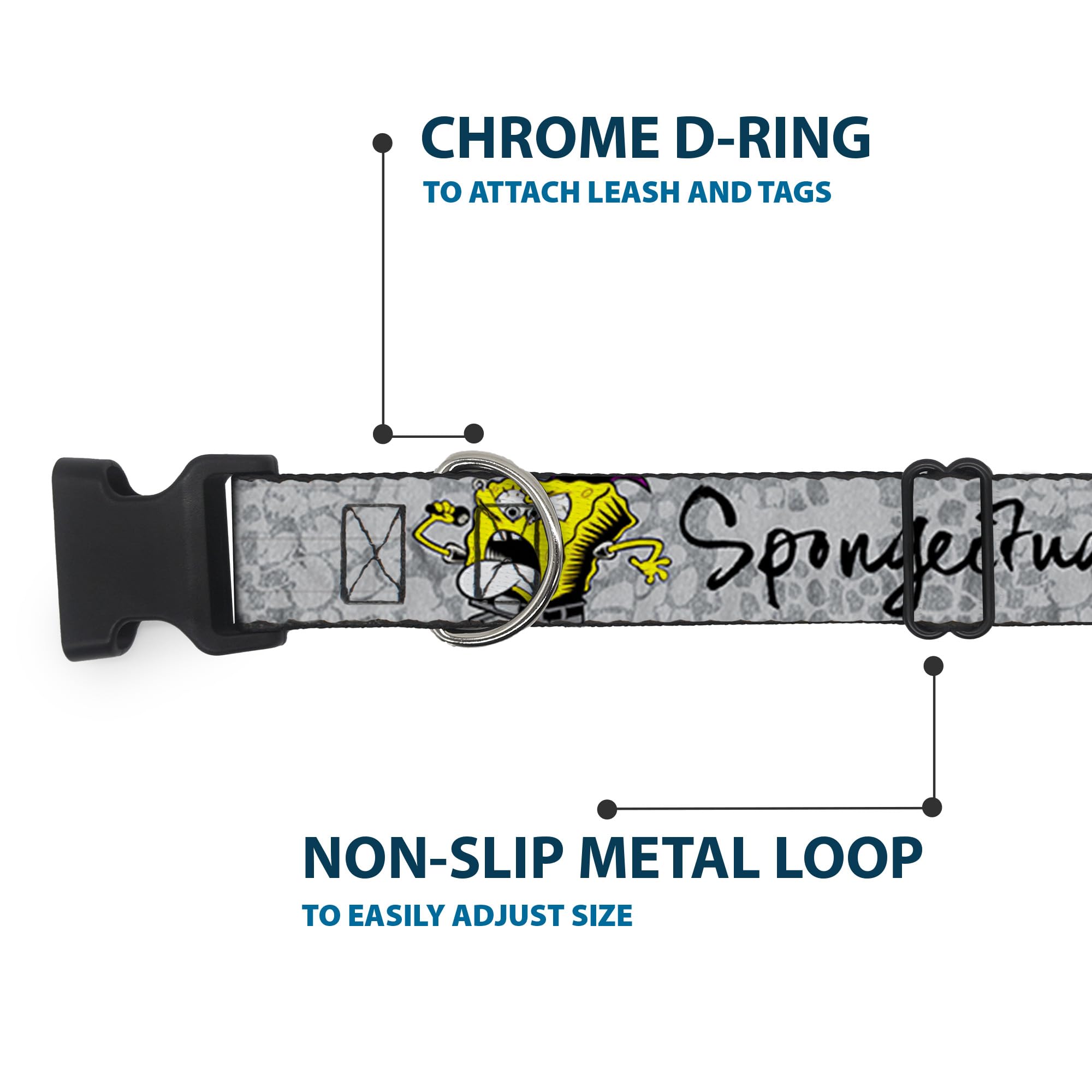 SpongeBob Dog Collar with Plastic Clip - 3 Fun Poses (Spongeitude, Grays, Black) - Adjustable 6 to 9 Inches, 0.5 Inch Wide - Perfect for Cosplay, Pet Costumes & Cartoon Lovers