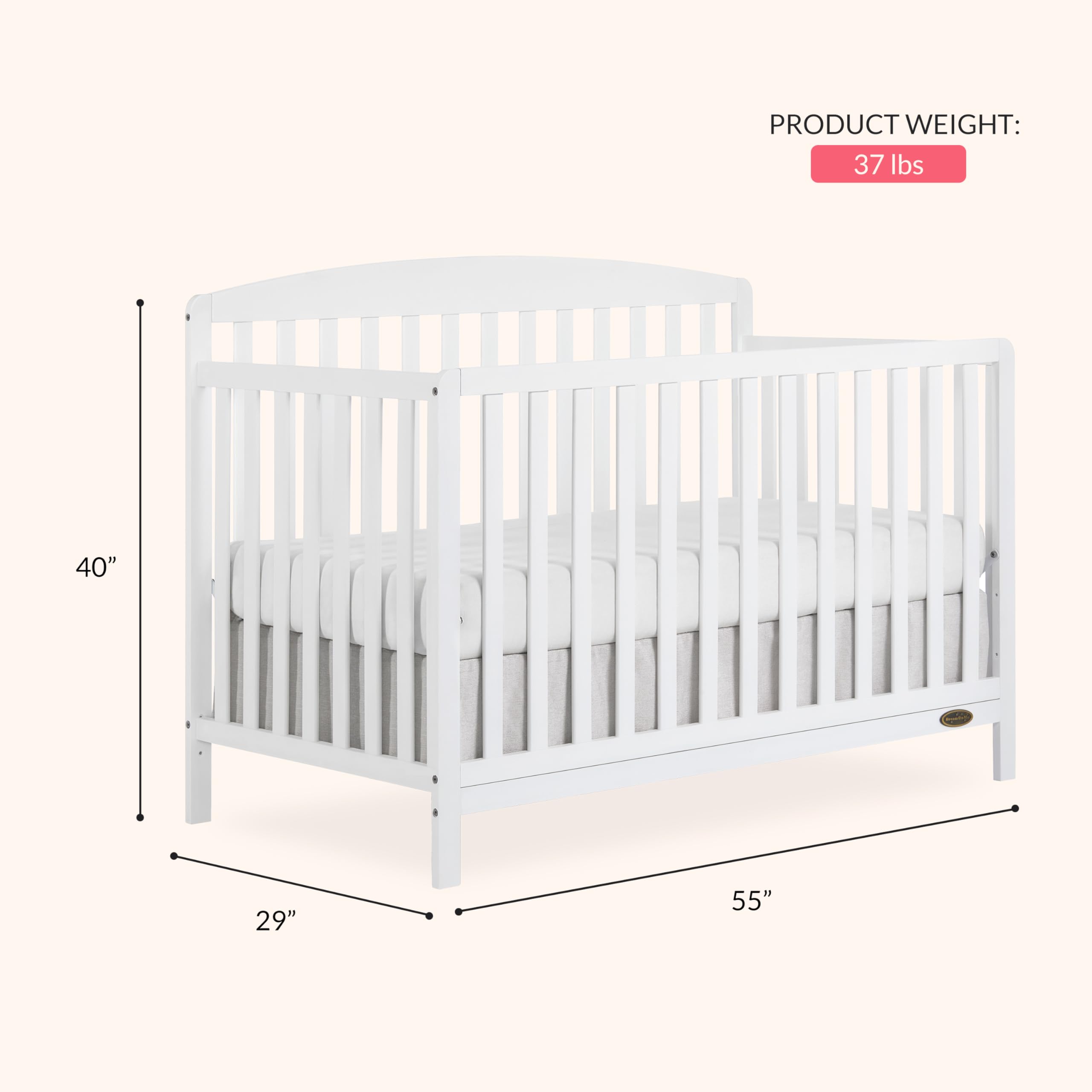 Dream On Me Odelle 5-in-1 Convertible Crib - JPMA & Greenguard Gold Certified, Sustainable Pinewood, 3 Adjustable Mattress Heights, Non-Toxic Finish - Perfect for Nursery, Toddler Room & Growing Families (White)