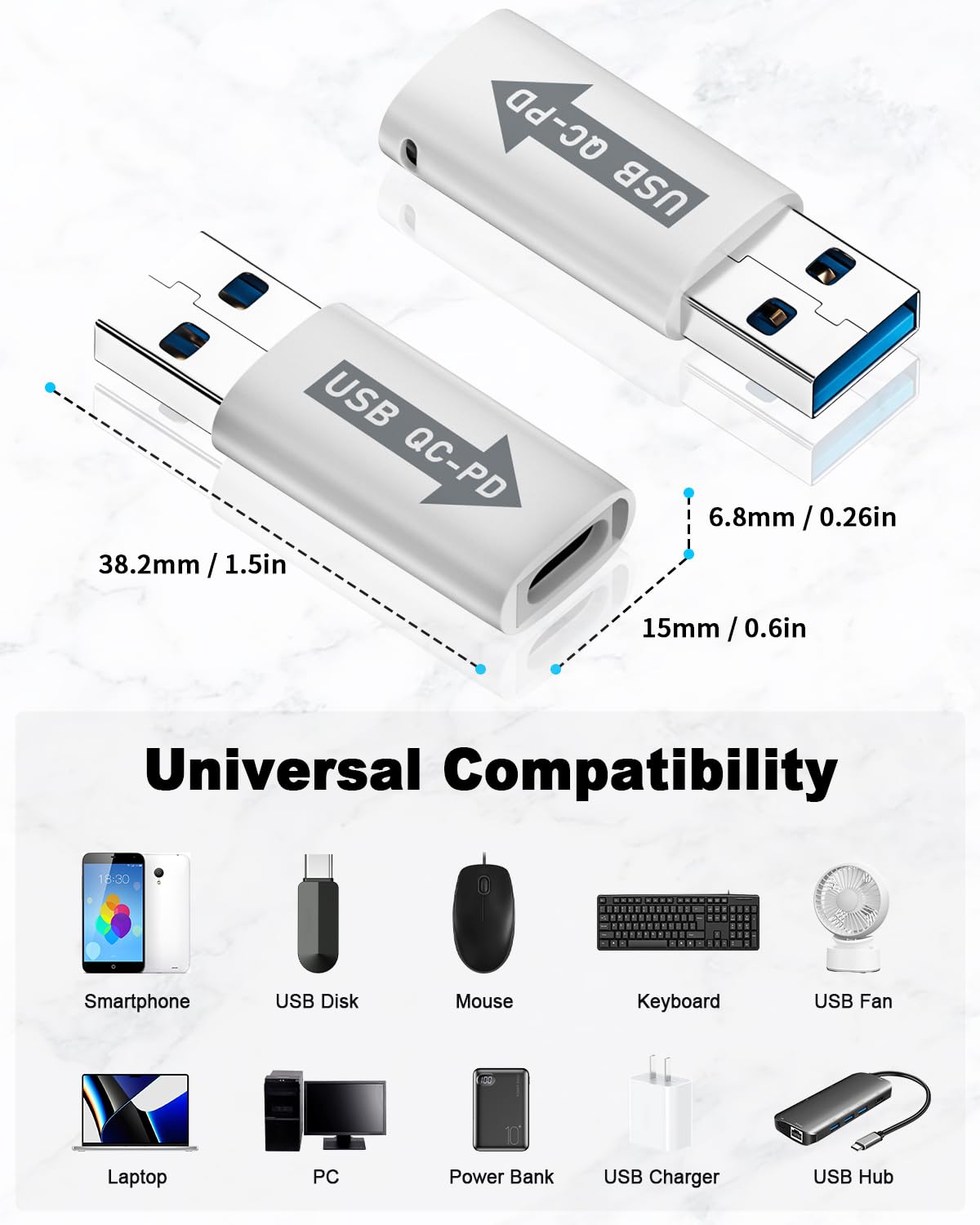 Duttek USB 3.0 to USB C Adapter (2 Pack), 10Gbps High-Speed Data Transfer & 3A Fast Charging, USB A Male to USB C Female Converter with Heat-Resistant Perforated Design - Compatible with iPhone 15/14/13, Samsung Galaxy S23/S22, MacBook, Laptop, PC, iPad - White - Perfect for Office, Travel & Home Charging