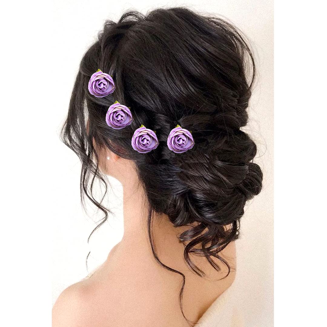 Artificial Rose Flower Hair Pins - Purple Juda Pin Hair Clips for Women, Bridal Hair Accessories, Wedding, Prom, Party, and Everyday Wear