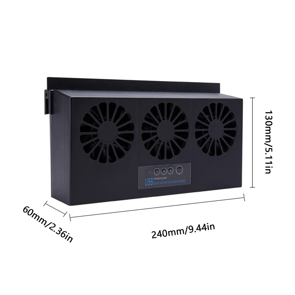 Solar Powered Car Fan with USB Charging - Strong Wind Auto Window Exhaust Cooling Fan for Vehicle Ventilation - Perfect for Summer Road Trips & Parking Cooling (Black)