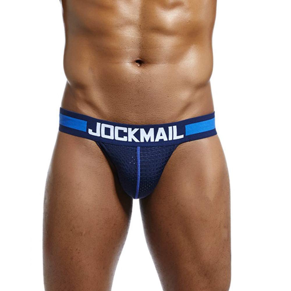 **Men's Sexy Breathable Ice Silk Underwear - Soft Briefs with Letter Pouch, Navy Blue | Comfortable Thong for Daily Wear & Intimate Moments**