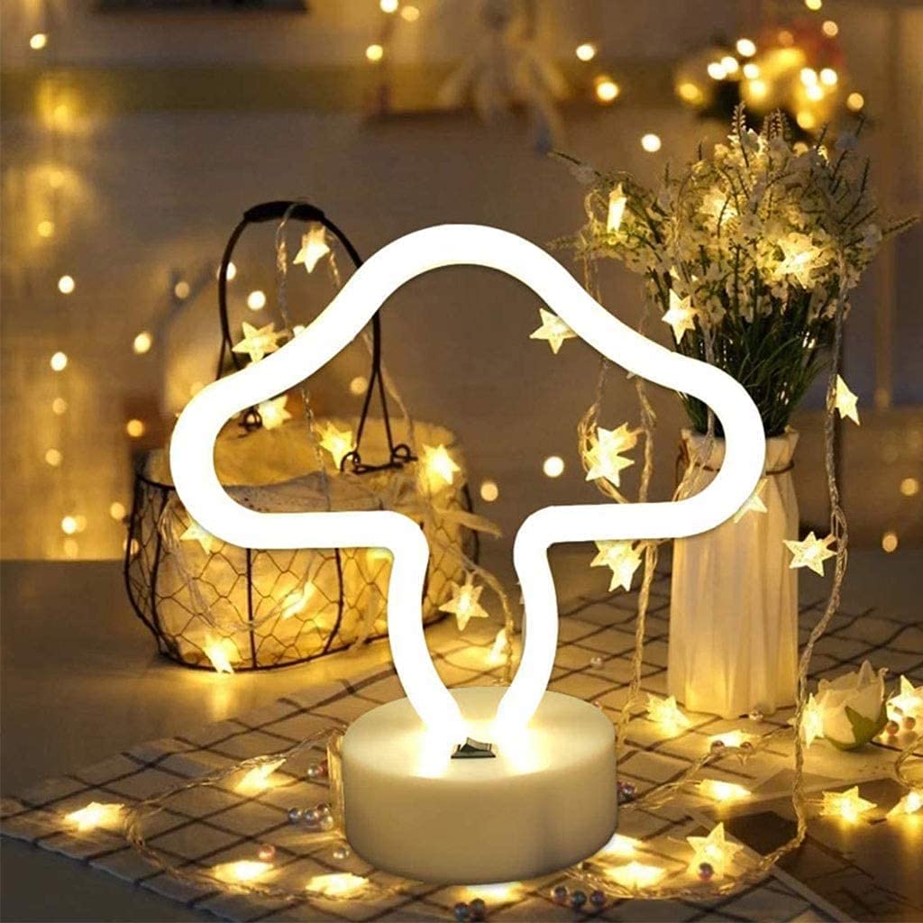LED Cat Neon Night Light - USB/Battery Powered Wall Decor for Kids Bedroom (Mushroom Design) - Perfect Nursery & Playroom Lighting