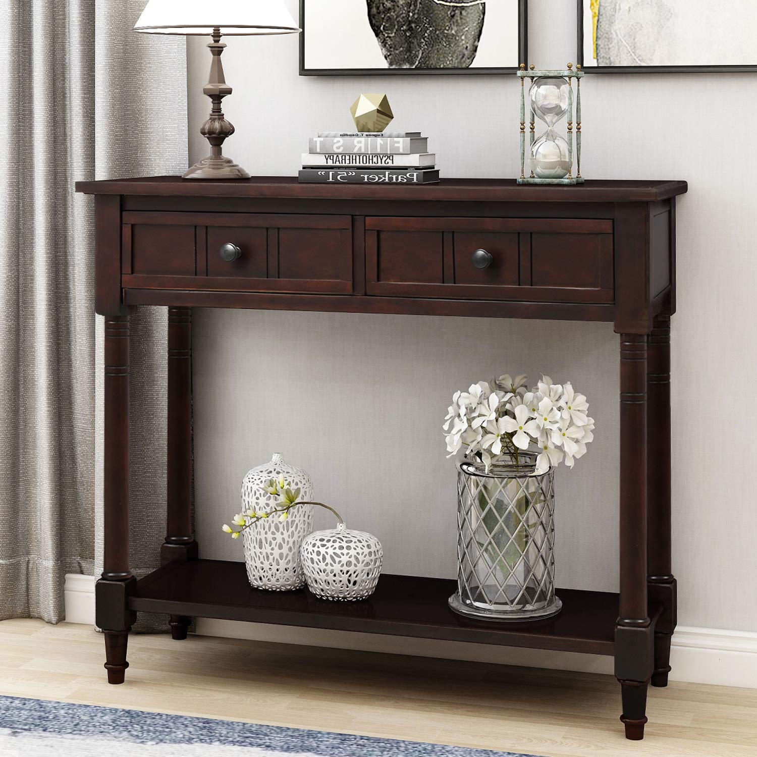 Antique Style Wooden Sofa Table with 2 Drawers & Bottom Shelf - Dark Espresso Console Table for Living Room, Entryway & Hallway | P PURLOVE Home Decor Furniture