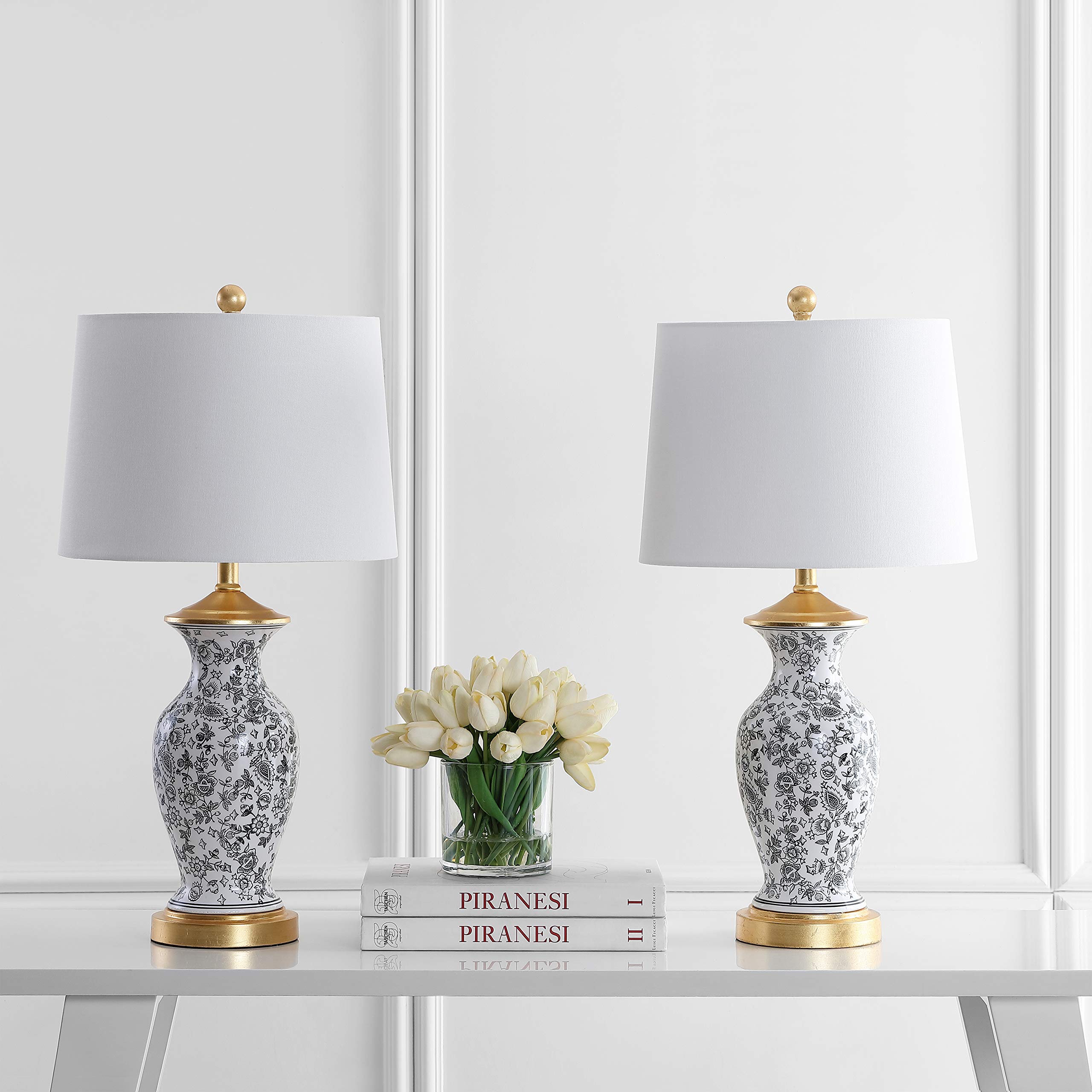 SAFAVIEH Kaeden Floral Black and White 27-Inch Table Lamp Set of 2 with LED Bulbs - Modern Lighting for Bedroom, Living Room, Home Office & Nightstand - Perfect for Reading, Working & Ambient Lighting