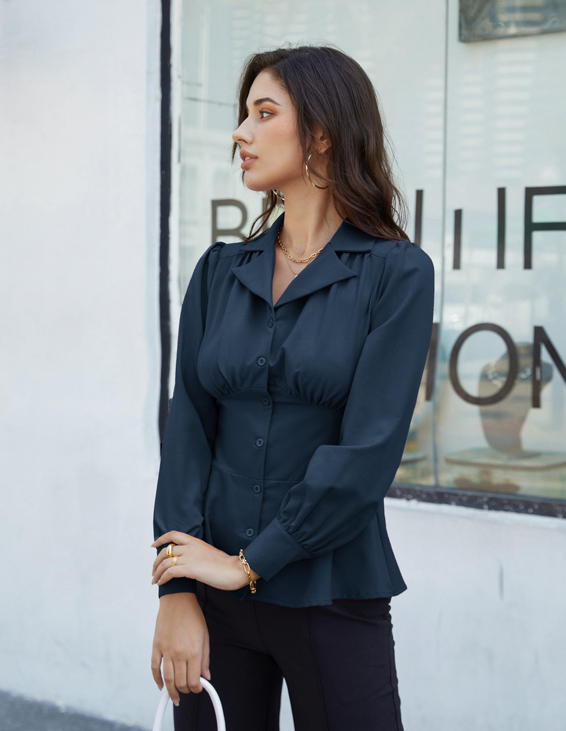 GRACE KARIN Women's Summer Peplum Button Down Shirt - Long Sleeve Collared Blouse for Work & Dressy Occasions | Office Wear, Business Casual & Date Night Outfits