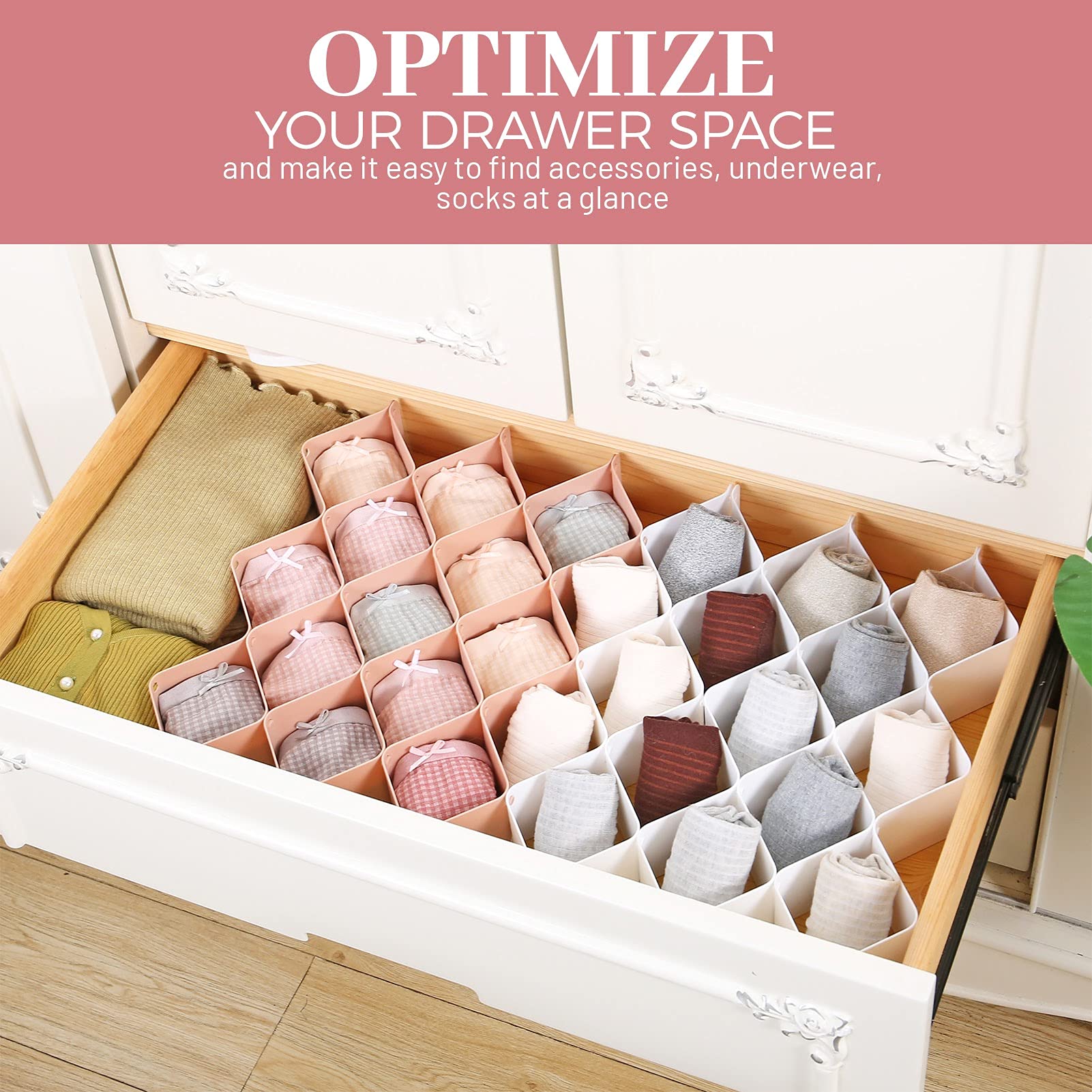 ROUFA Honeycomb Sock Drawer Organizer - 2 Pack Pink Underwear Dividers for Women | Bra, Panty, Socks & Leggings Storage | Closet & Dresser Organization Solution for Neat Home & Travel Packing