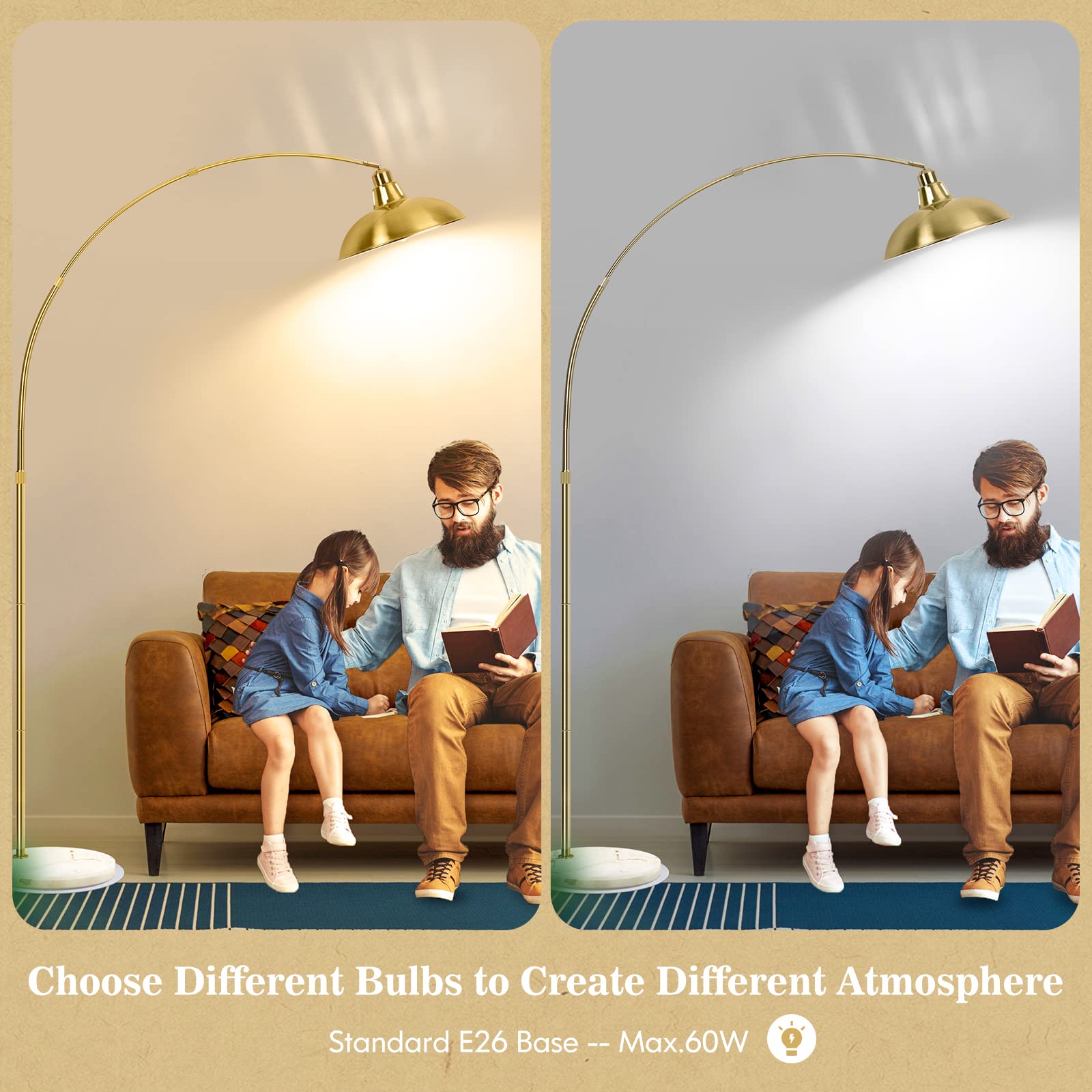 Gold Brass Arc Floor Lamp - Mid Century Modern Standing Lamp with White Marble Base | Overhanging Arch Design for Living Room, Bedroom & Study | Adjustable Reading Light & Ambient Lighting