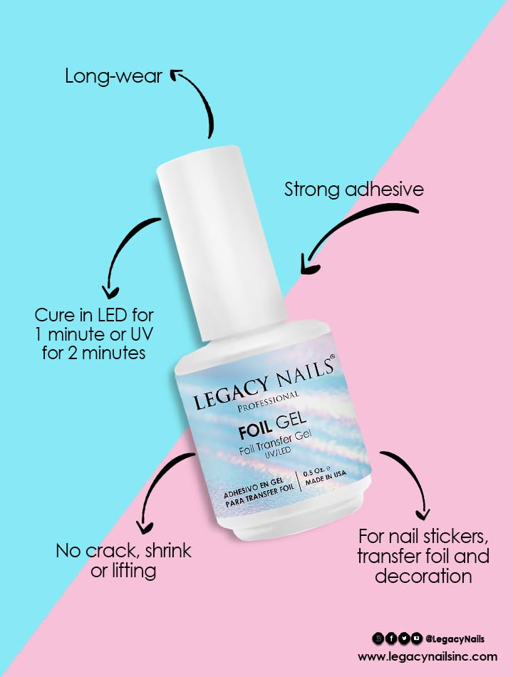 Legacy Nails Professional Foil Transfer Gel 0.5oz - UV/LED Curing Nail Art Adhesive for Foil Designs, Quick-Drying & Long-Lasting, Works with Acrylic & Natural Nails - Perfect for Salon & Home Manicures