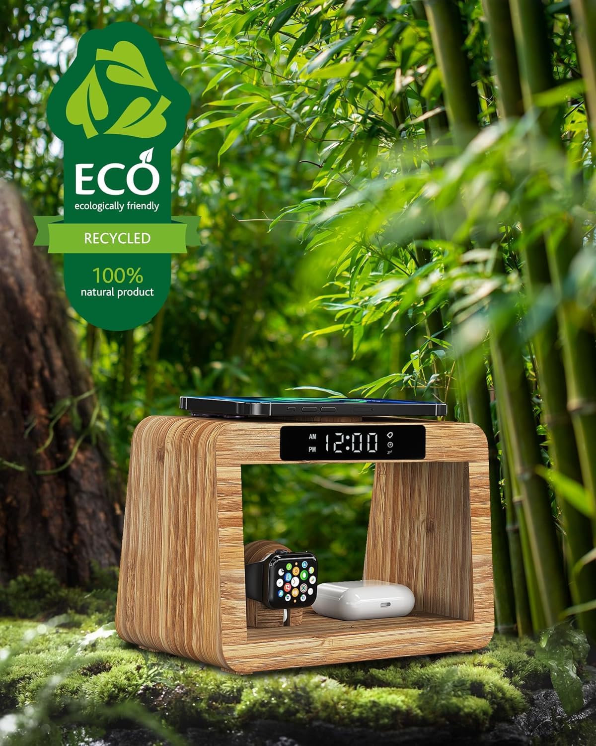 Bamboo Wireless Charging Station with Digital Alarm Clock & Night Light - Fast Qi Charger Stand for iPhone 15/14/13/12/11 Pro Max/X/Xs, AirPods Pro, iWatch Series 8/7/6/5/SE - Perfect for Bedside, Office & Travel Charging