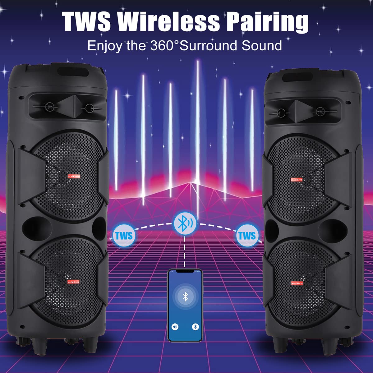 TWS Karaoke PA System with Wired Microphone & Wireless Bluetooth Speaker - Portable Dual 8'' DJ Speaker with Remote, FM Radio & Party Lights for Home Karaoke, Outdoor Events, and Live Performances