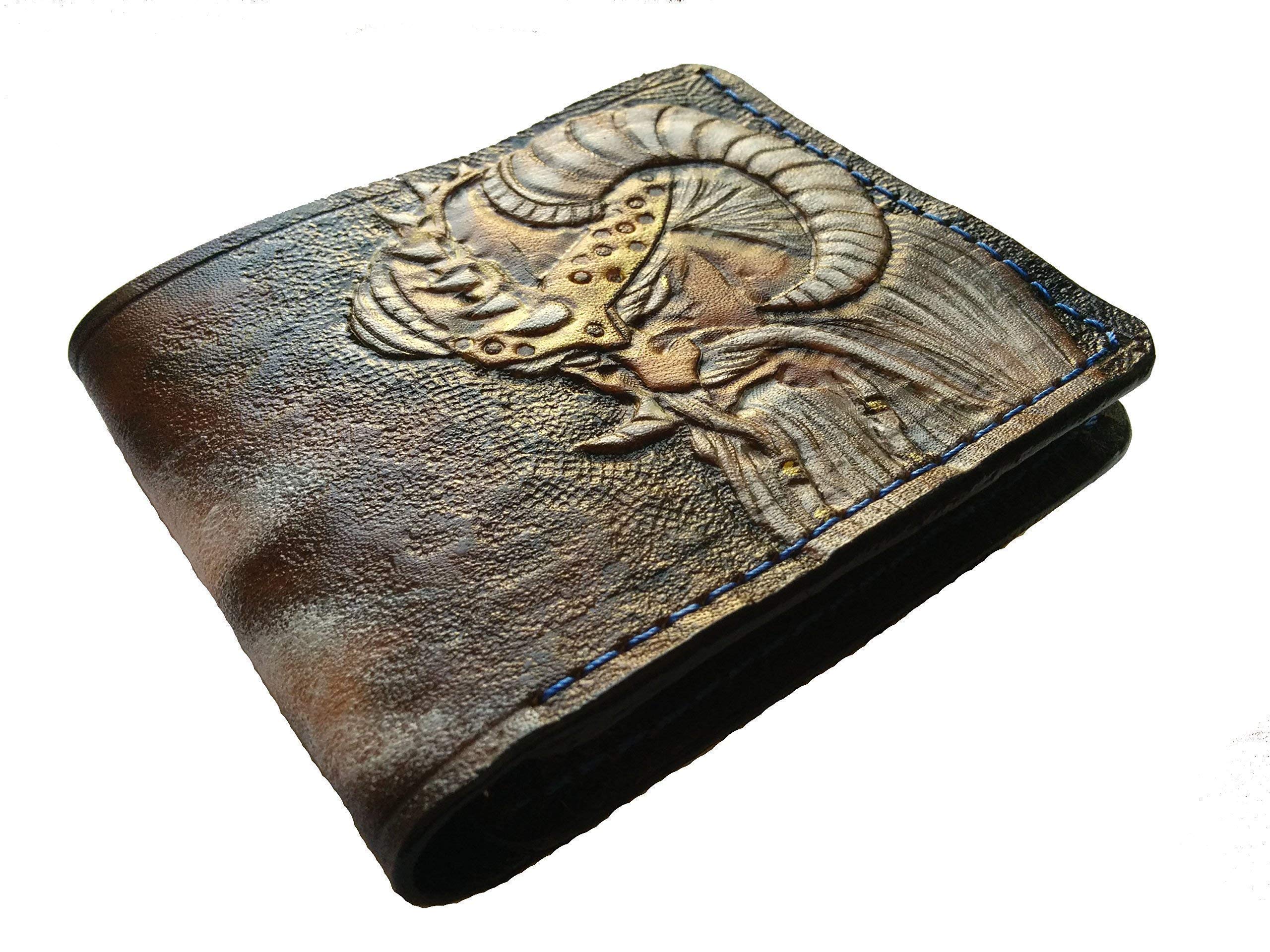 Viking Warrior Odin Raven Norse Mythology Leather Wallet - Nordic Viking Axe & Runic Design RFID Blocking Bifold Wallet for Men - Handmade Genuine Leather Biker Wallet with Celtic Style Embossing - Perfect for Medieval LARP, Cosplay & Viking Enthusiasts