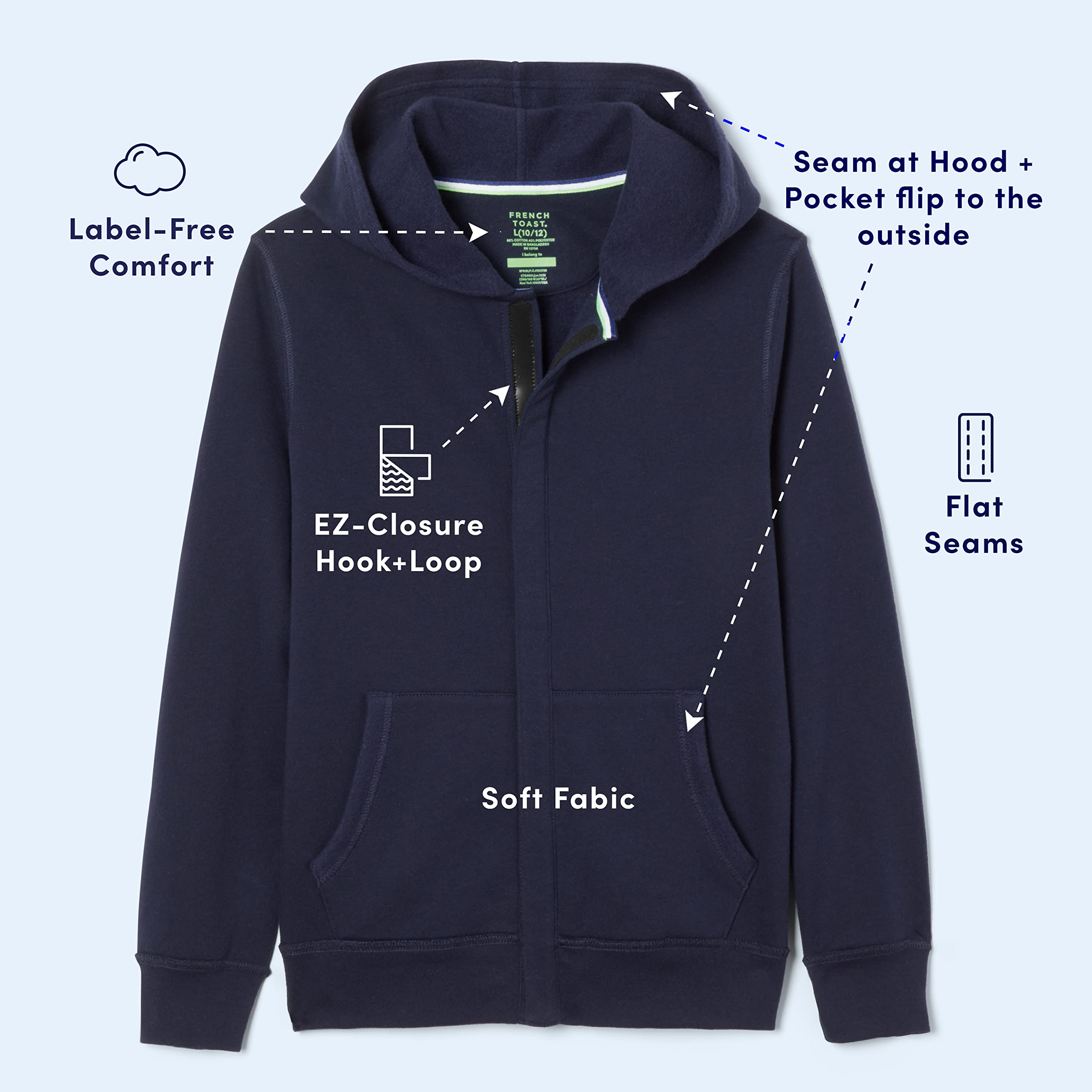 French Toast Kids' Adaptive Long Sleeve Fleece Hoodie with Flat Seams & Hidden Hook Loop Closure - Sensory Friendly Winter Wear for Special Needs Children