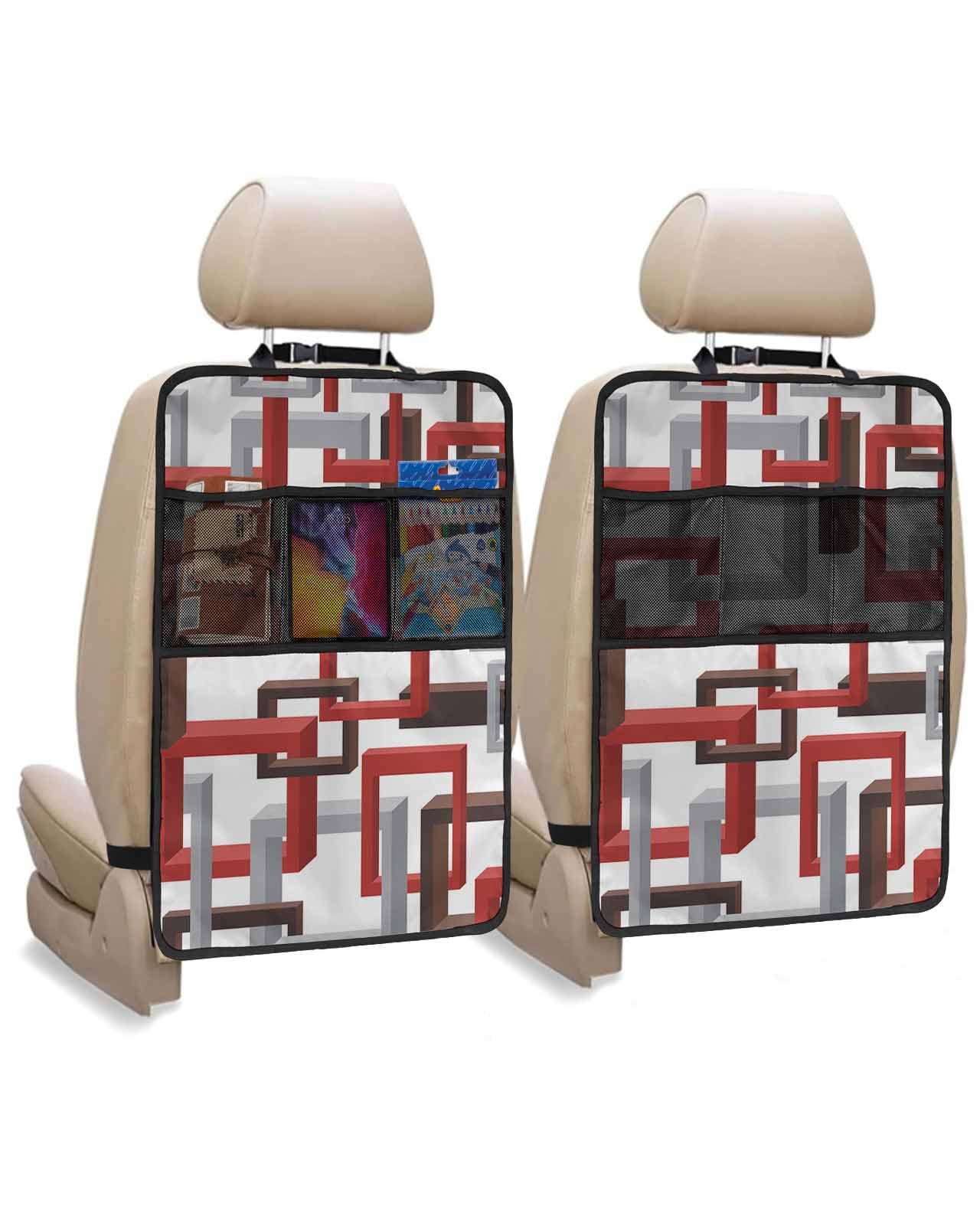 Mid Century Modern Car Seat Covers for Kids - 2 Pack Universal Back Seat Protector with 3 Storage Pockets | Waterproof Kick Mats & Organizer for SUV, Sedan, Minivan | Red Brown Gray Mid Century Pattern (Perfect for Road Trips & Family Travel)