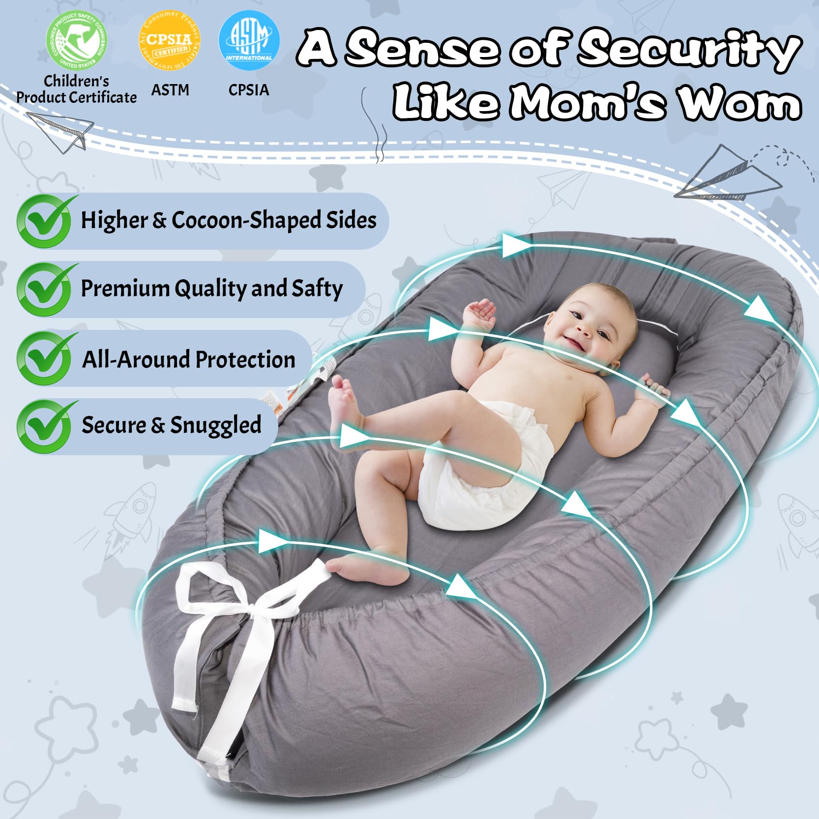 Baby Lounger & Infant Nest Cover - 100% Cotton Breathable Co-Sleeper for Newborns 0-24 Months | Soft Machine Washable Baby Essentials Gift | Perfect for Nursery, Bedside Sleeping & Travel (Gray)