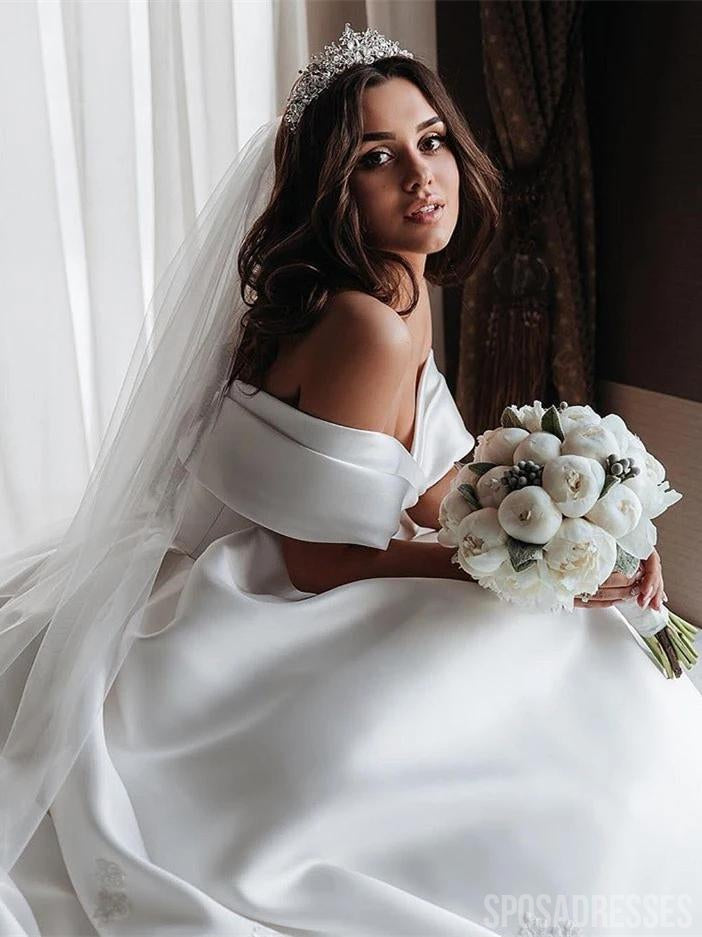 Elegant Off Shoulder Long Train Satin Wedding Dress - Affordable Bridal Gown WD690 for Beach, Church & Formal Weddings