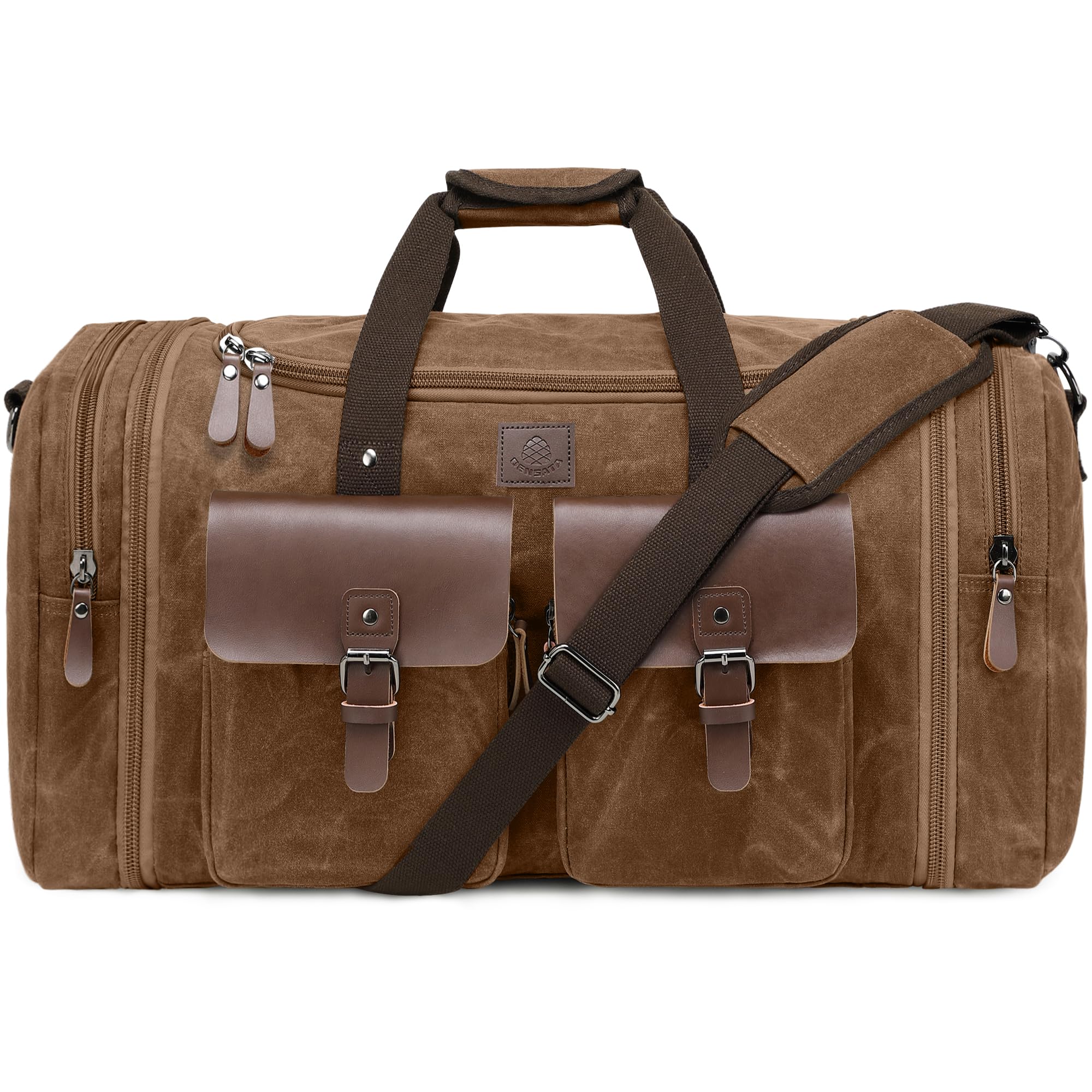 Vintage Dark Brown Expandable 60L Canvas Duffle Bag for Men - Genuine Leather Travel Duffel with Two Zipper Pockets - Perfect for Overnight Trips, Weekend Getaways & Carry-On Luggage (X-Large)