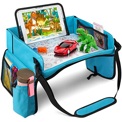 Kids Travel Tray for Car Seat & Stroller - New Version Toddler Activity Organizer with iPad Holder, Waterproof Dry Erase Top, Side Pockets & Bottle Holder | Perfect for Road Trips, Airplane Travel & Daily Commutes