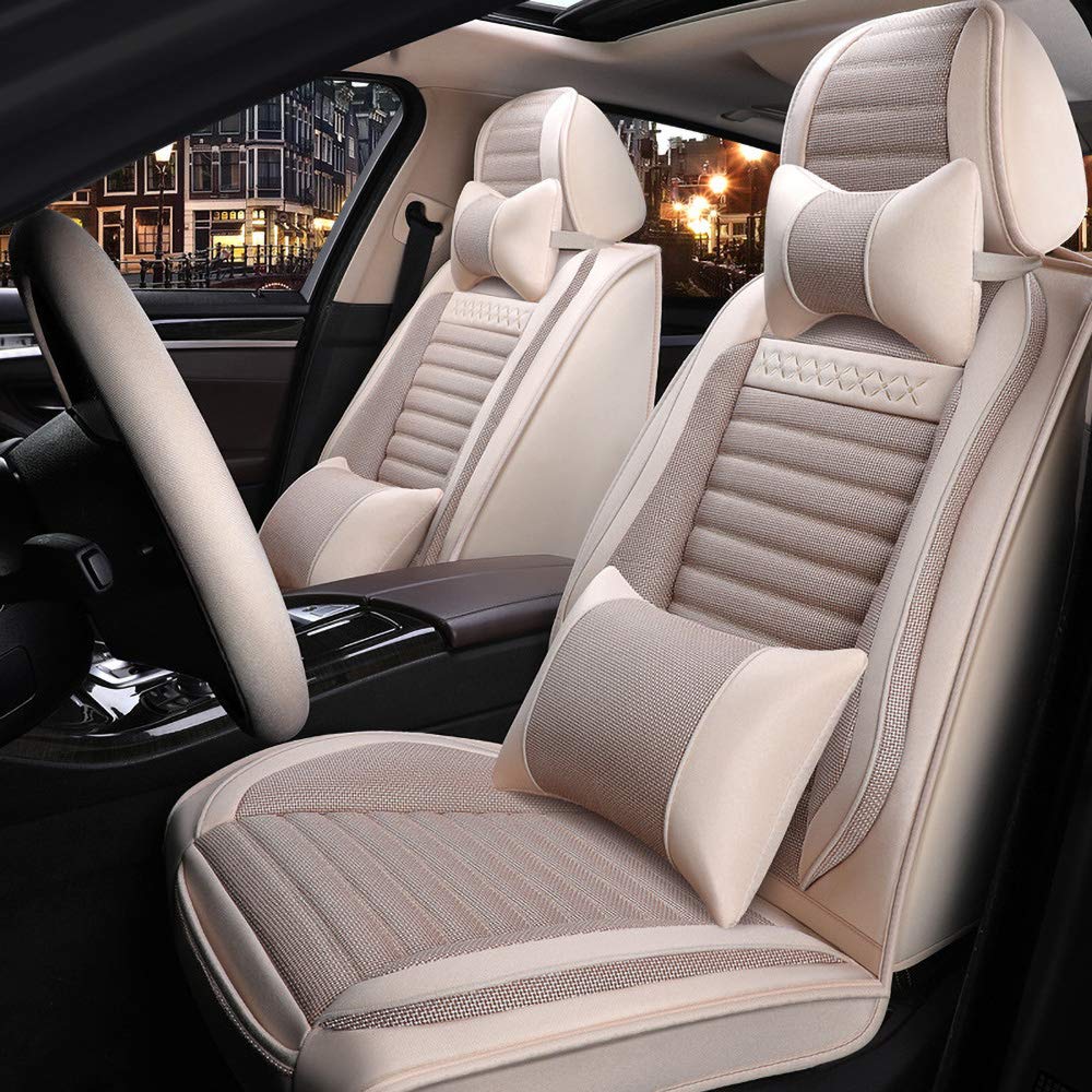 Premium Universal Fit Car Seat Covers Full Set - 5 Seat Linen Fabric Covers for Sedan & SUV, Breathable Front & Rear Seat Protectors (Beige) | Ideal for Daily Commute, Road Trips & Family Travel