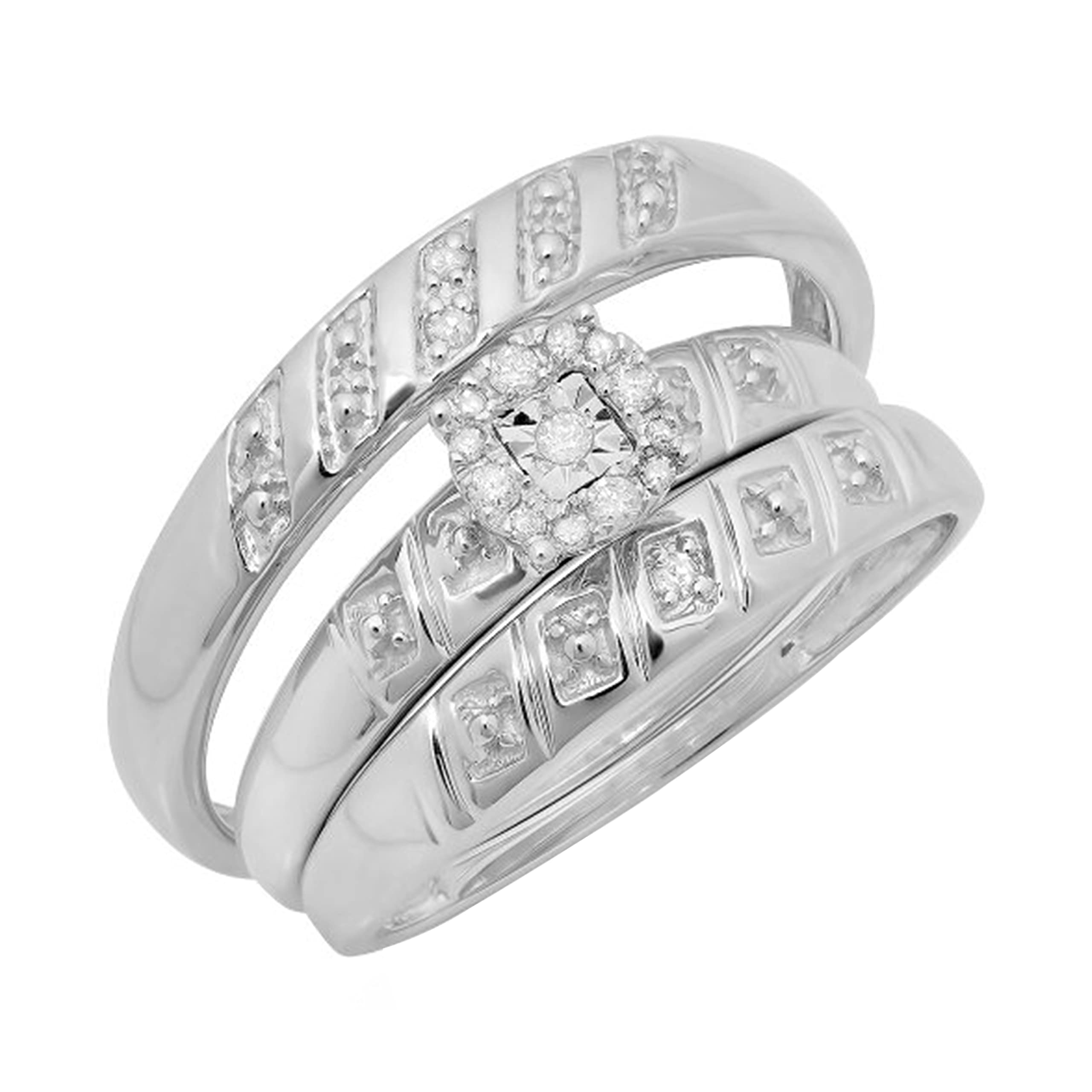 0.10 Carat Round White Diamond Halo Illusion Wedding Ring Set for Men & Women - 925 Sterling Silver Bridal Trio - Engagement, Anniversary & Promise Rings for Couples