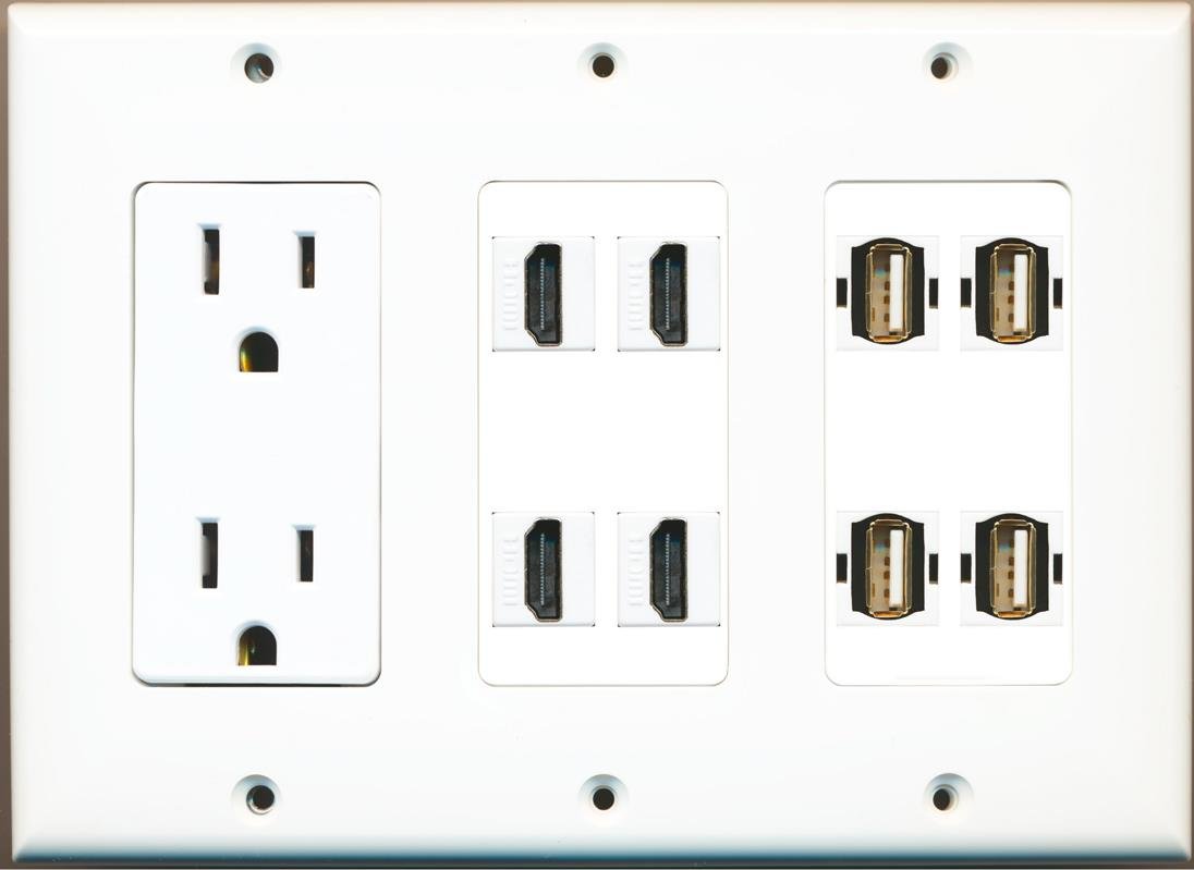 RiteAV 4 HDMI 4 USB A-A Power Outlet Wall Plate 3 Gang White - Multi-Port Wall Charger for Home Theater, Office & Gaming Setup