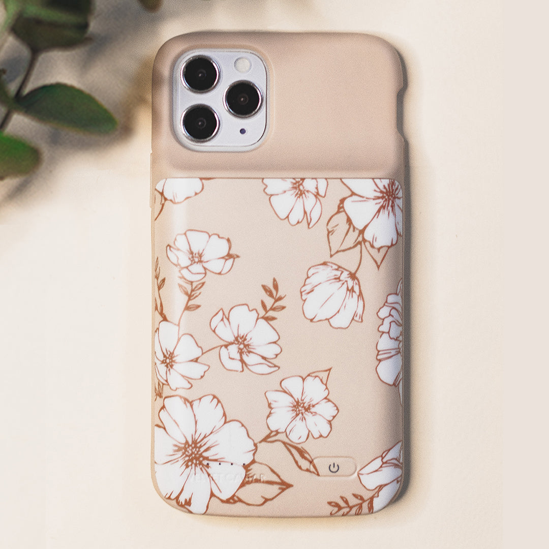 White Floral iPhone Charging Case - Portable Battery Charger for iPhone 11/12/13/14/15 - Perfect for Travel, Work & Daily Use