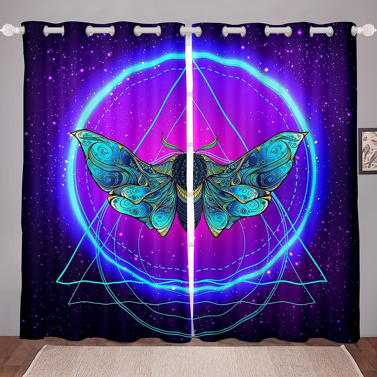 Boho Curtains for Bedroom - Moth Print Window Treatments, 2 Panels Galaxy Tribal Design Kids Room Decor, Purple 42x63 Inches - Perfect for Nursery, Girls & Boys Bedrooms, Dorm Room or Bohemian Style Home Decor