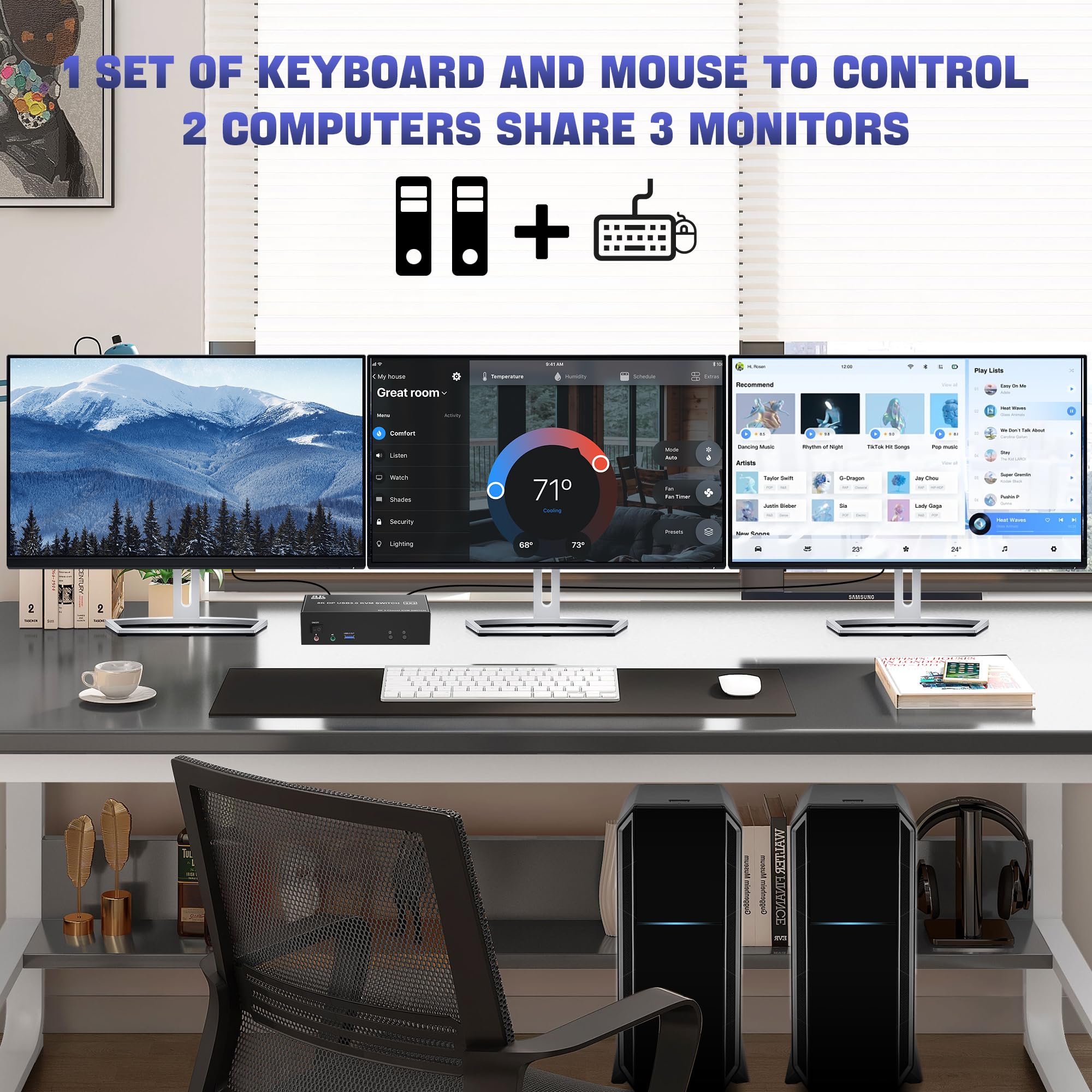 Clickfish 8K DisplayPort KVM Switch with USB 3.0 | Triple Monitor Support for 2 Computers | Manual Push Button Operation | Black | Perfect for Home Office, Gaming Setup & Multi-Device Workstations