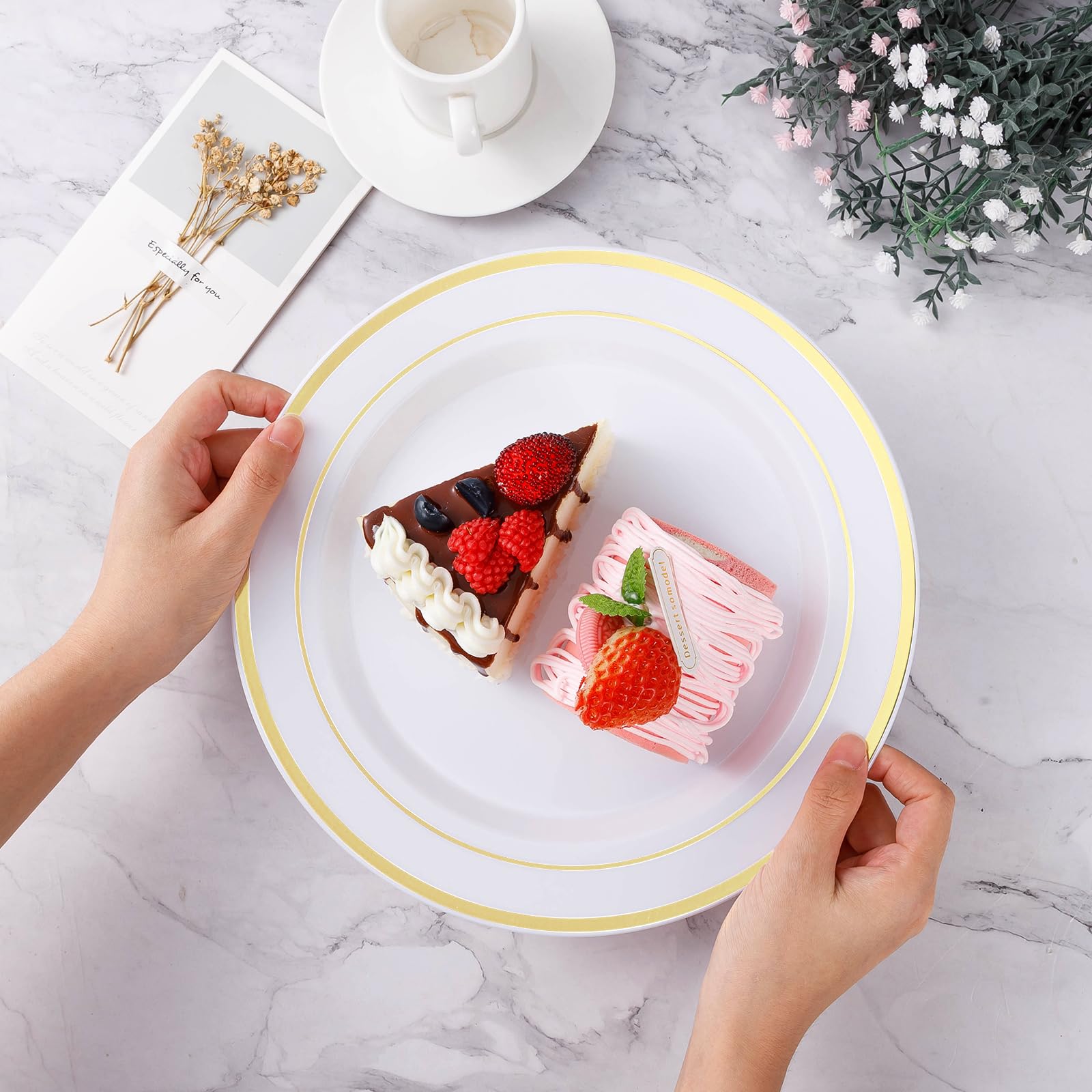 200PCS Gold Disposable Plastic Plates Set - 100 Dinner Plates & 100 Dessert Plates for Party, Wedding, Birthday Celebrations | Elegant Tableware for Events, Catering & Home Gatherings