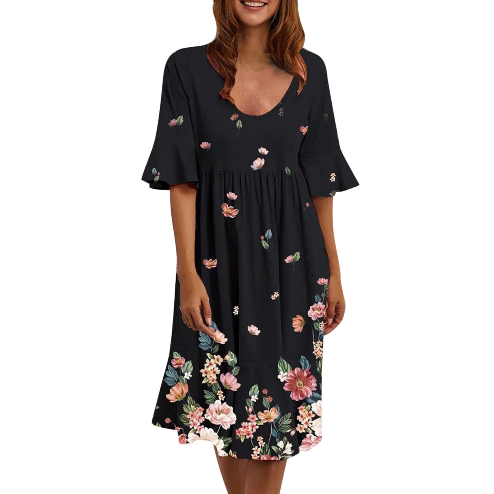 Women's Casual Summer Dresses - Loose Pleated Midi Dress with Pockets, Short Sleeve Flowy Tunic Dress for Women | Perfect for Beach, Vacation, and Everyday Wear