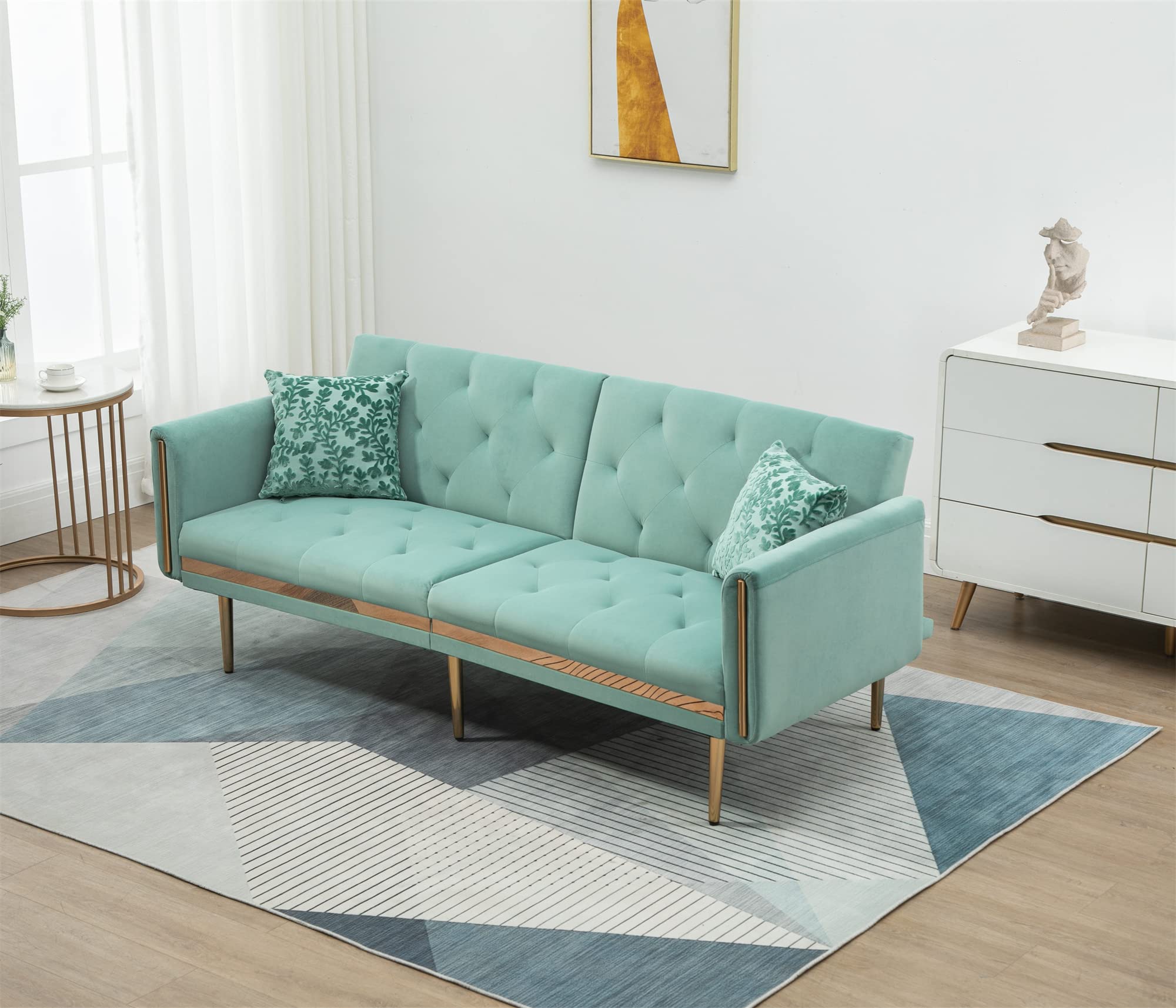 Velvet Convertible Sofa Bed with Memory Foam - 3-Seater Futon Sleeper Couch with Metal Legs & 2 Pillows - Modern Upholstered Accent Sofa for Living Room, Bedroom, Home Office (Mint Green) - Perfect for Small Spaces, Guest Rooms & Studio Apartments