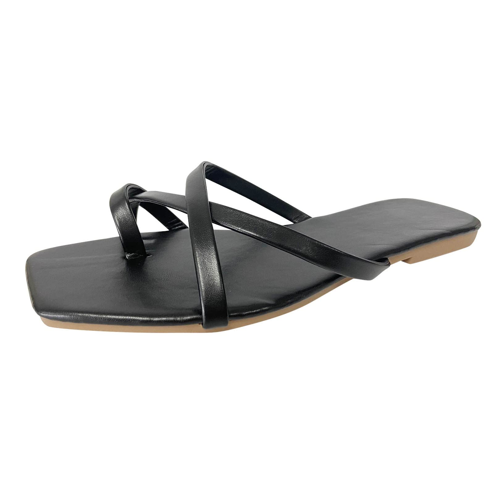 Women's Casual Cross Band PU Leather Flat Slides - Open Toe Slip On Sandals Summer Slippers Flip Flops (Black, Size 6.5) | Perfect for Beach, Poolside & Summer Outings