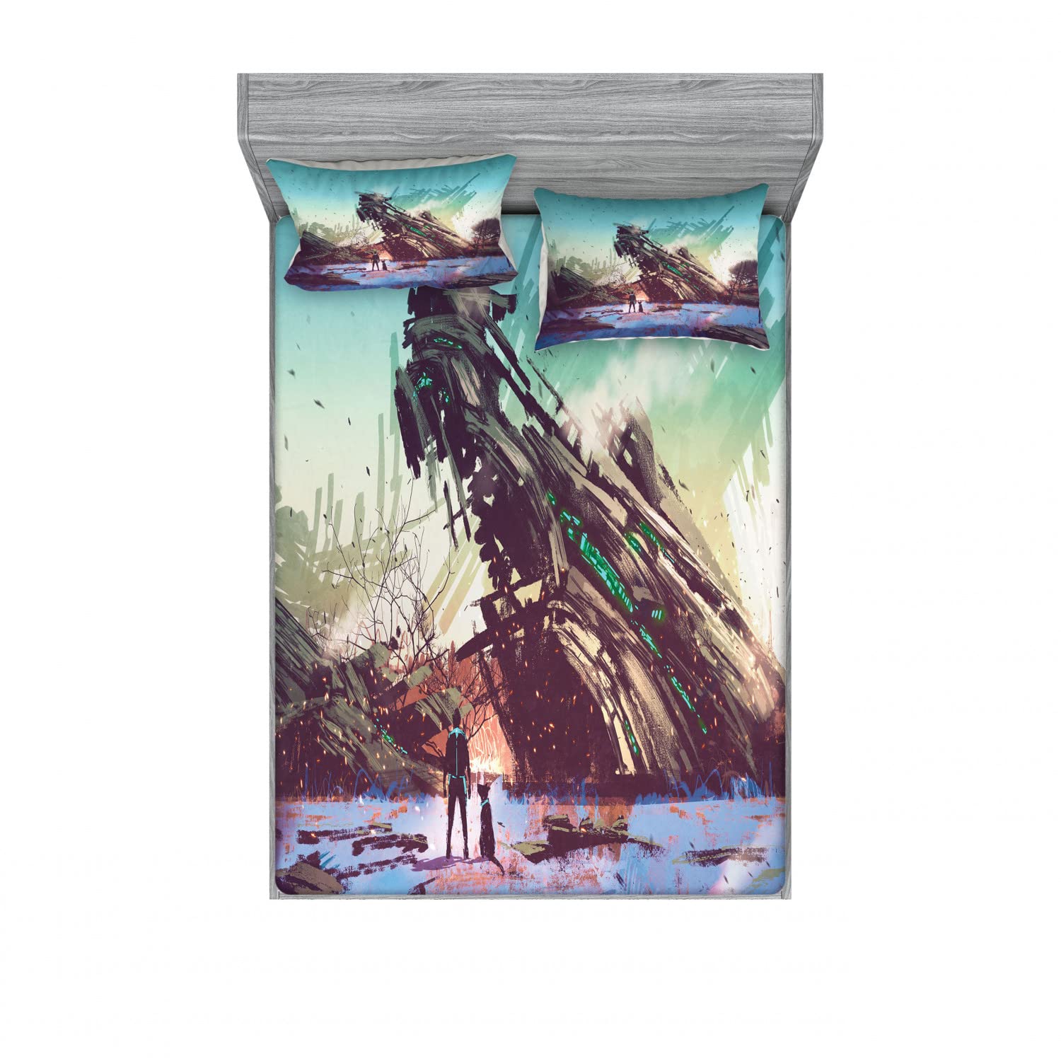 Ambesonne 2-Piece Queen Size Fitted Sheet Set with 4 Pillow Shams - Sci-Fi Spaceship Crash Design in Blue & Green - Soft Bedding Collection for Space Theme Bedroom Decor | Perfect for Guest Rooms, Dorms, and Fantasy Lovers
