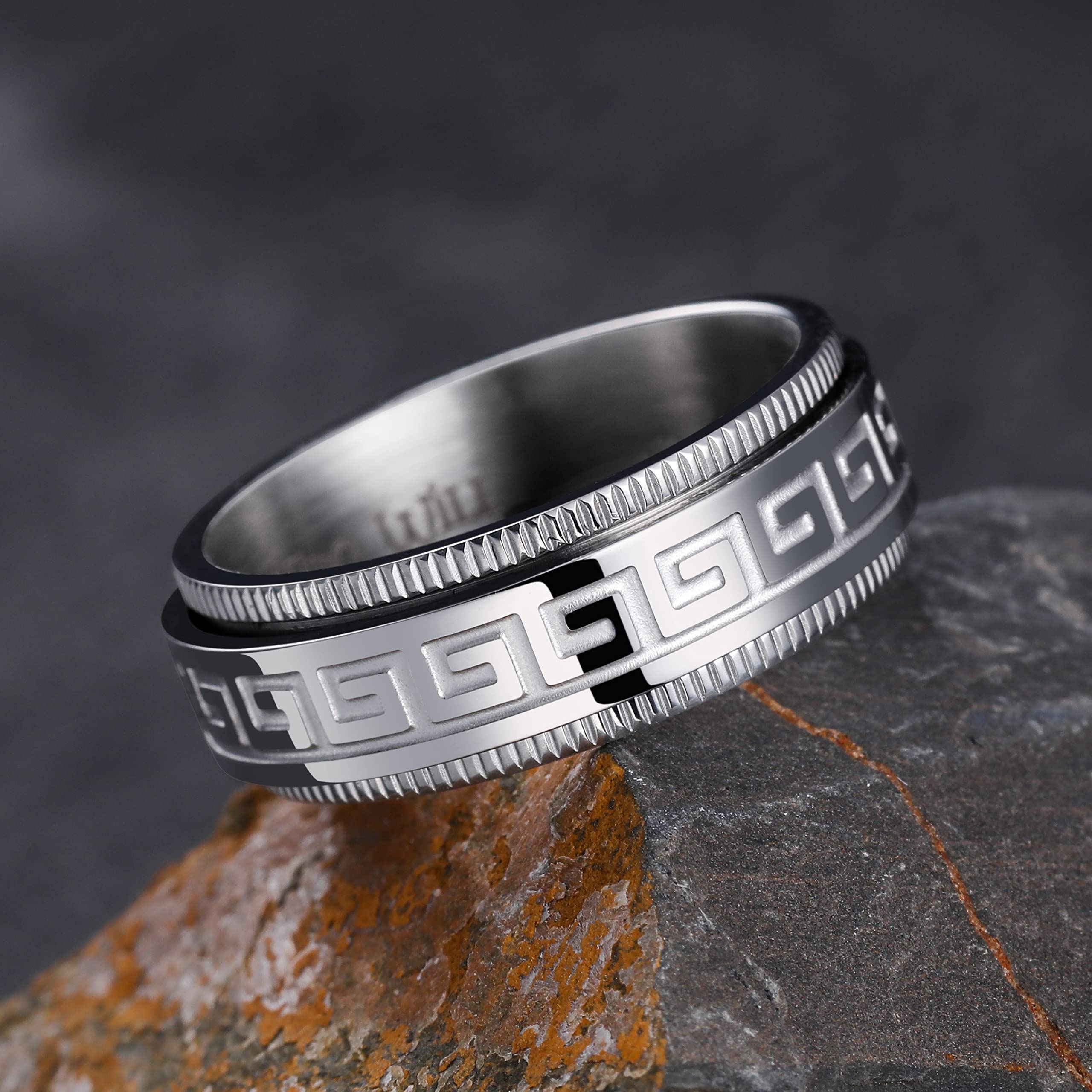 King Will 8mm Stainless Steel Fidget Spinner Ring for Men - Black/Silver Brushed Finish with Greek Key, Viking, Roman Numerals & Hammered Patterns - Anxiety Relief Ring for Stress, Focus & ADHD - Perfect for Office, Travel & Meditation
