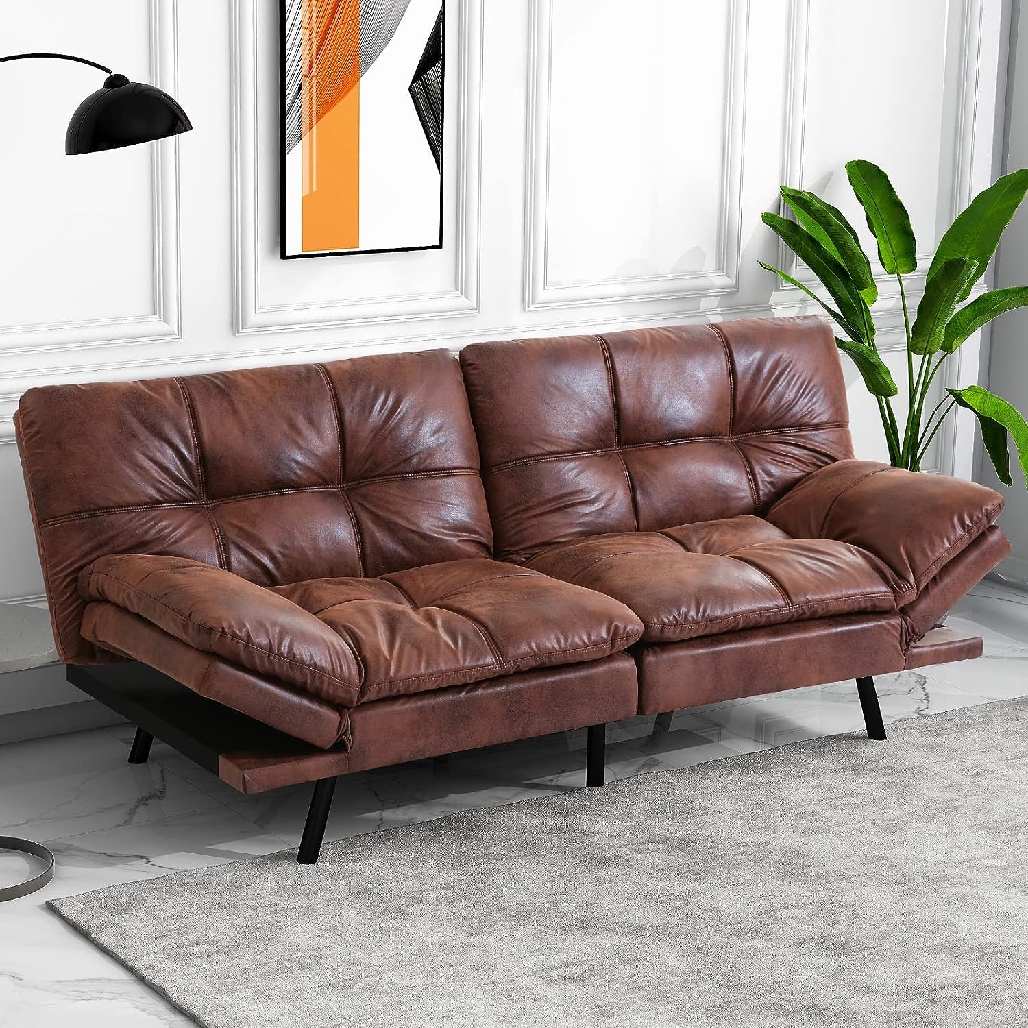 IULULU Modern Futon Sofa Bed - Adjustable Armrests Faux Leather Sleeper Couch for Small Spaces, Living Room, Apartment, Office - Brown | Space-Saving Daybed for Guest Room, Studio, Dorm & Home Theater Seating