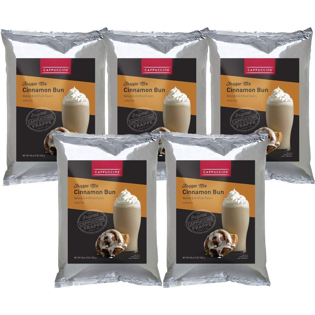 Premium Cappuccino Iced Coffee Frappe Mix - Case of 5 Bags (Cinnamon Bun Flavor) | Delicious Cold Brew Instant Coffee Powder for Home, Office & Cafes | Perfect for Summer Drinks, Desserts & Coffee Shops