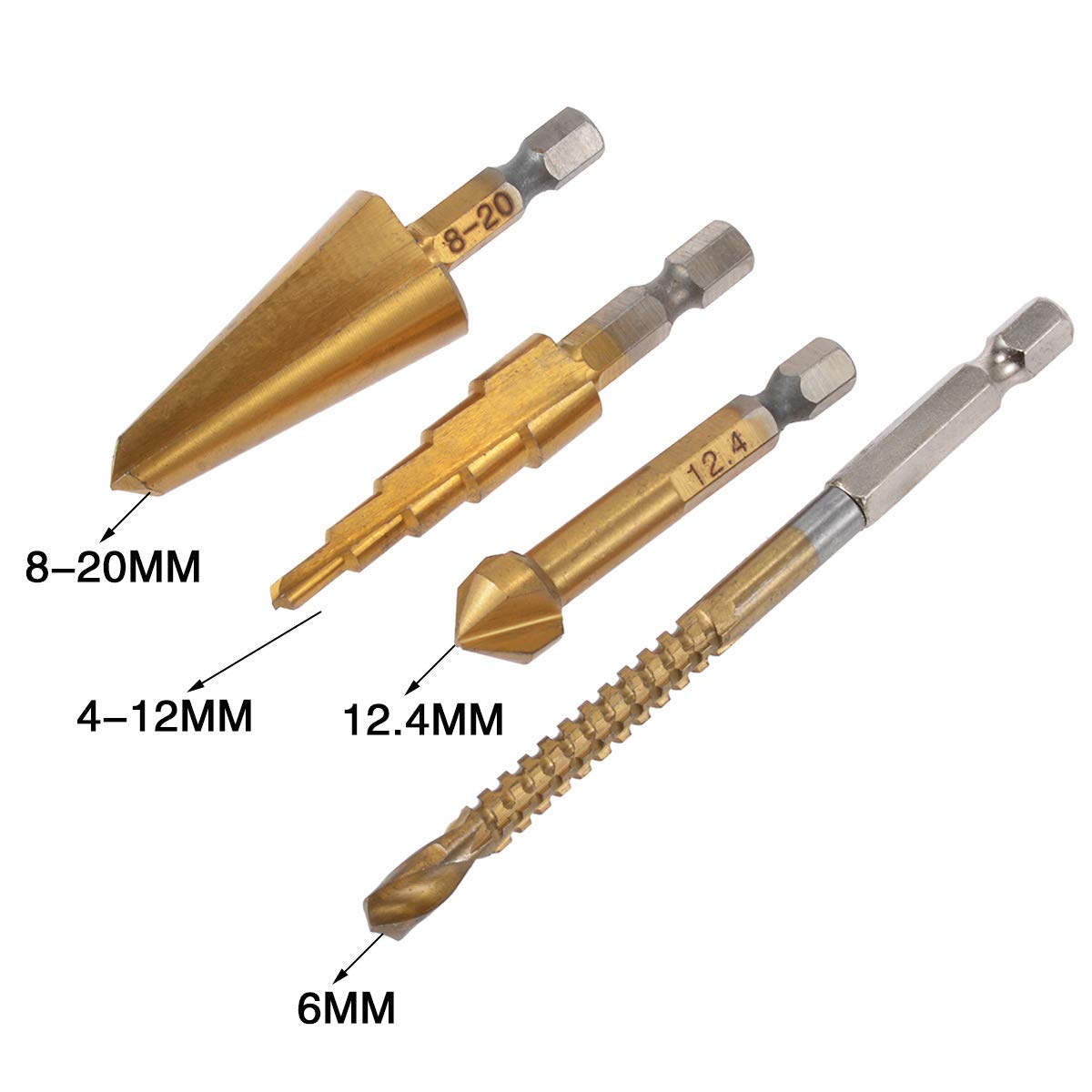 KATUR 4PCS HSS Titanium Coated Drill Bit Set - 6mm Saw Twist, 4-12mm Step, 8-20mm Umbrella, 12.4mm Chamfering End Mill Cutter Countersink (Hex Shank) - Perfect for Metal, Wood & Plastic Drilling Projects