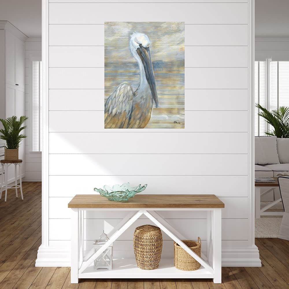 Golden Salty Pelican Canvas Wall Art by Paul Brent - Handmade Fine Art Print for Living Room, Bedroom, Office & More - 35x46 Inches - Ready to Hang - Coastal & Nautical Home Decor for Beach Houses, Restaurants & Vacation Rentals