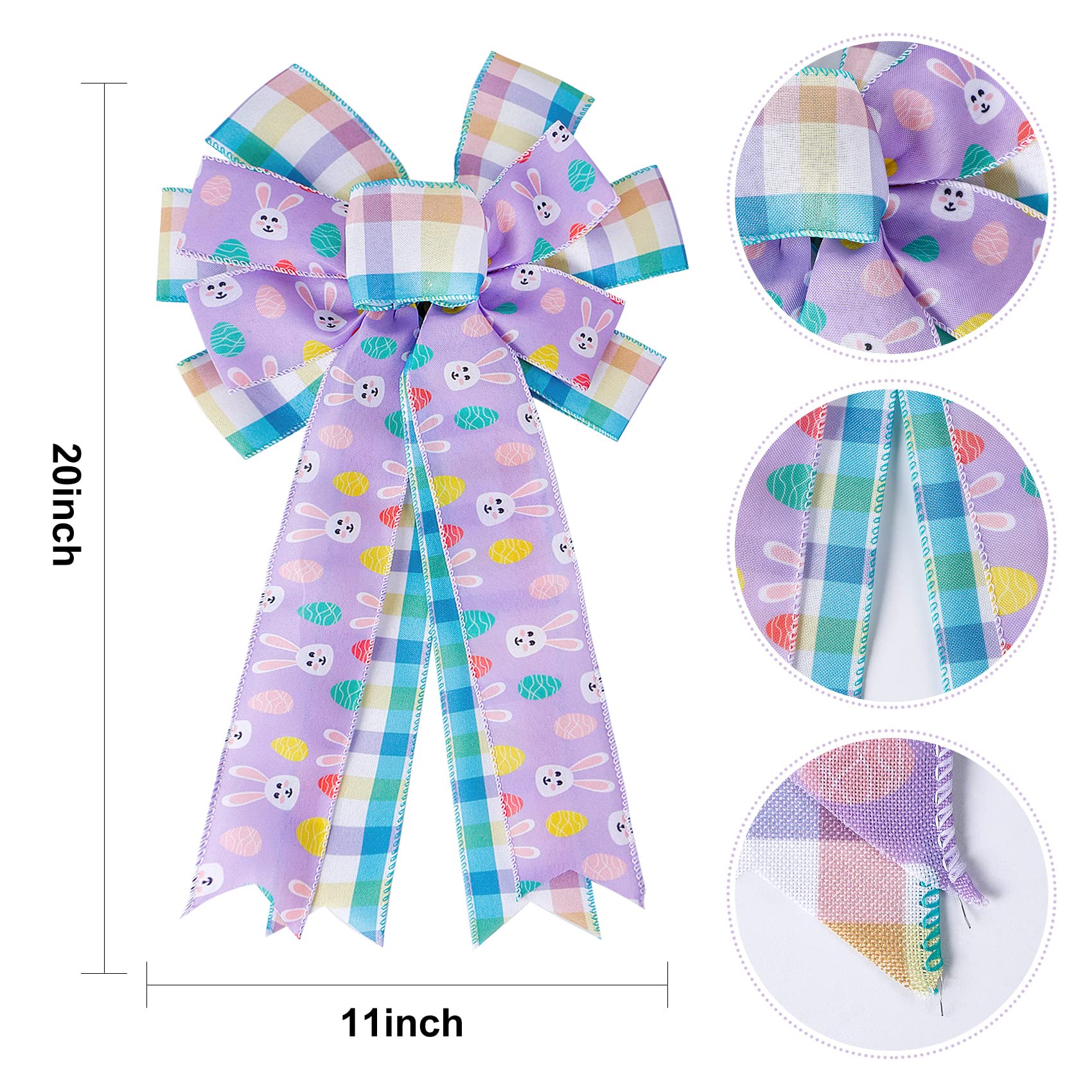 SIMISI Easter Large Wreath Bow - 11x17.7 Inch Burlap Wired Ribbon with Bunny Eggs Decor for Easter Door, Tree & Party | Spring Home Decor, Holiday Wreath Accent, Gift Wrapping Bow