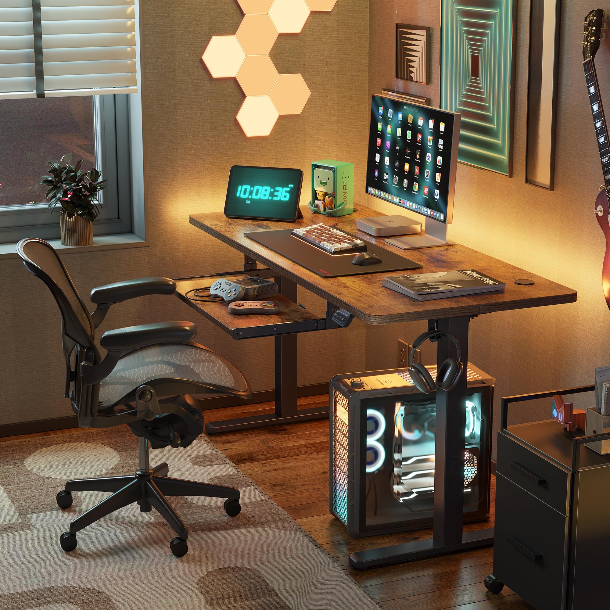 FEZIBO Electric Height Adjustable Standing Desk with Keyboard Tray - 40 x 24 Inches Sit Stand Computer Desk for Home Office (Rustic Brown) | Ergonomic Workstation for Remote Work & Gaming Setup