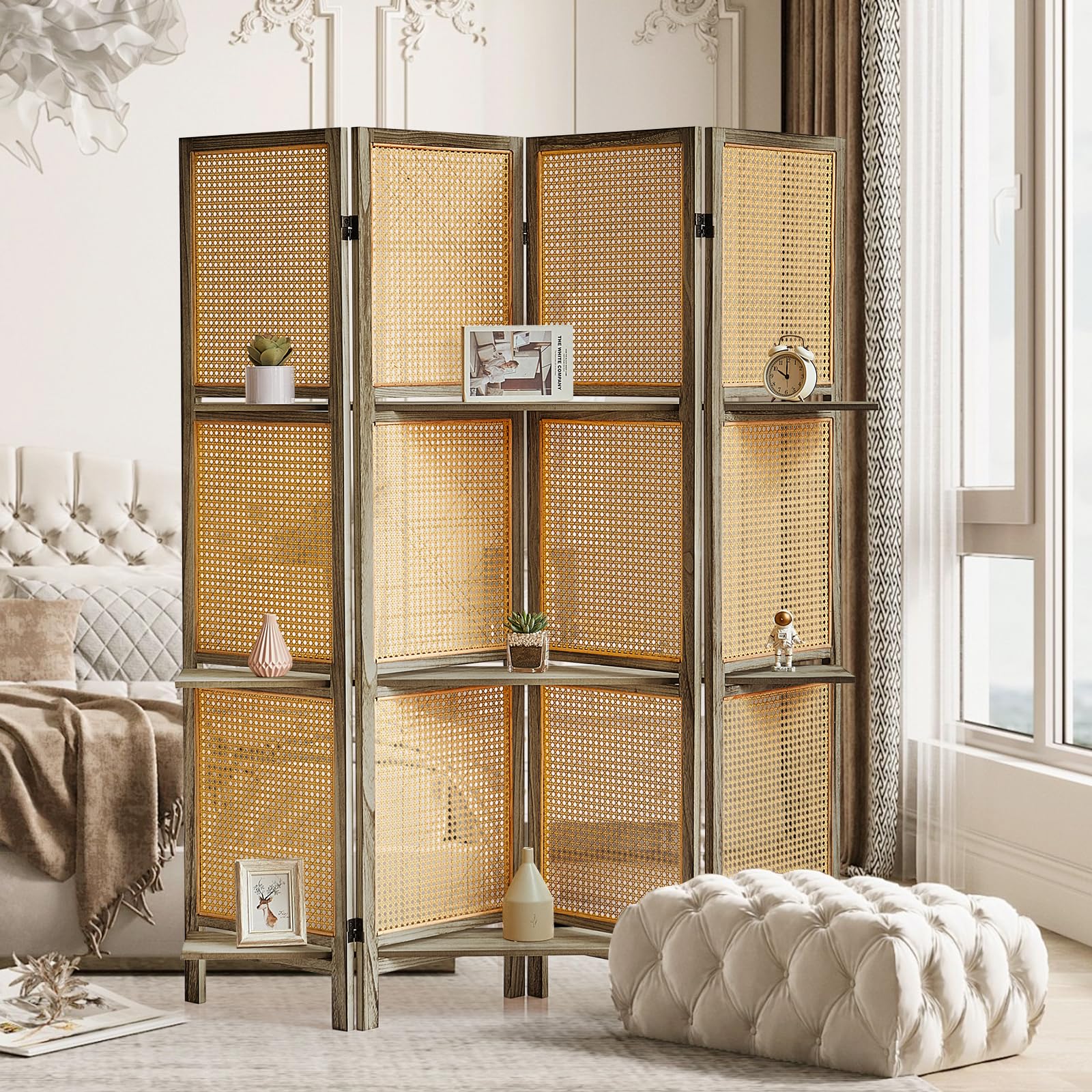 4 Panel Wooden Room Divider with Shelves - Foldable Rattan Privacy Screen, Portable Partition for Home & Office - Perfect for Room Separation, Dressing Room, Studio, or Event Decoration (Brown)