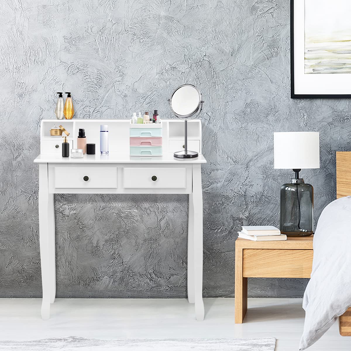 Giantex White Writing Desk with 4 Drawers & Removable Floating Organizer - 2-Tier Mission Style Computer Desk for Small Spaces - Perfect for Home Office, Apartment Study & Vanity Use