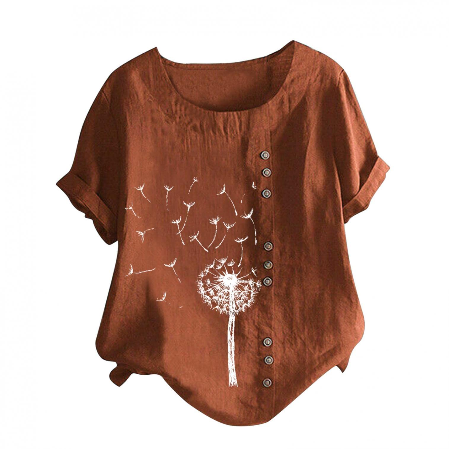 Women's Summer Cotton Linen T-Shirt - Crewneck Dandelion Graphic Basic Tunic Top Blouse | Casual Wear, Beach Outfit & Vacation Essentials