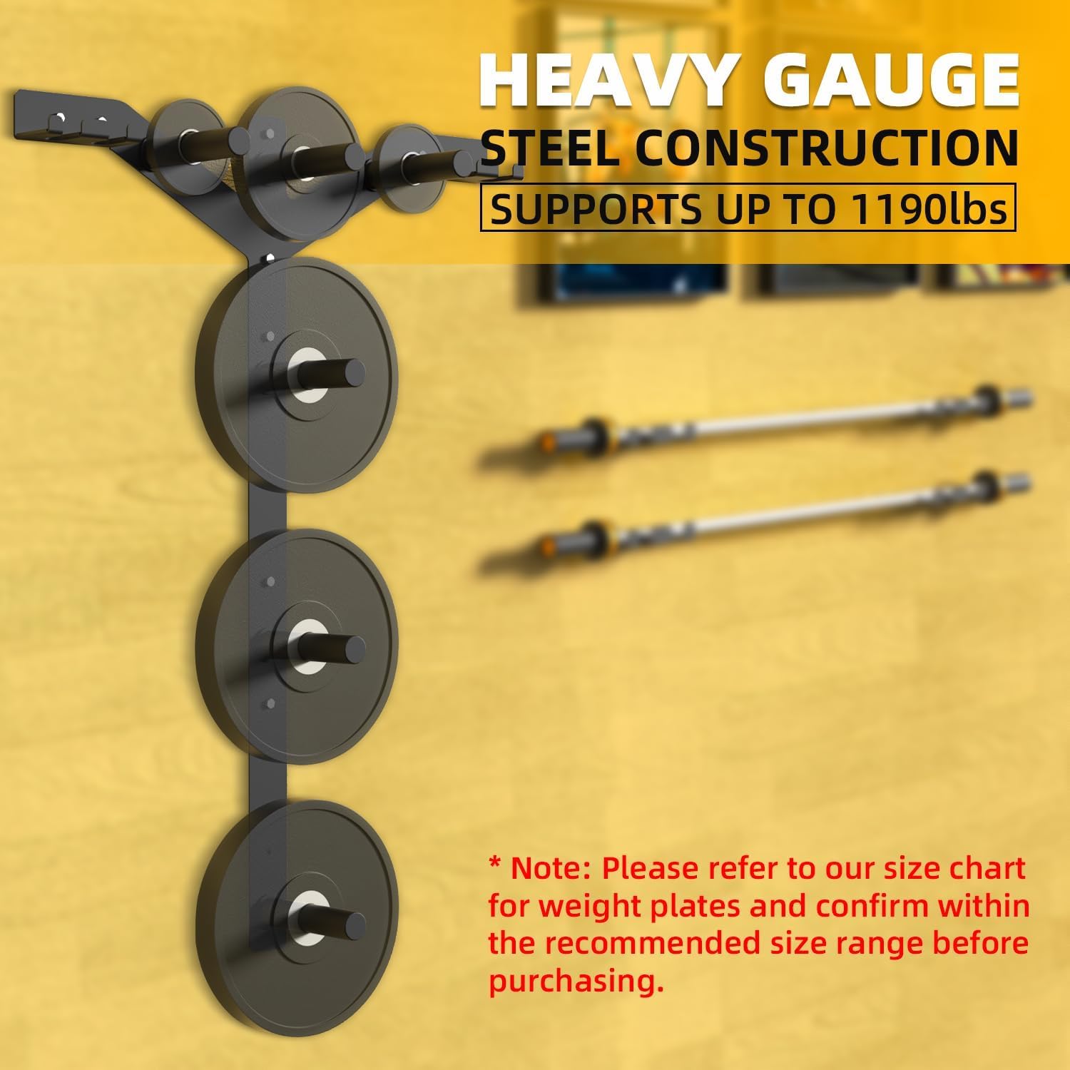 6-Peg Wall Mounted Weight Plate Storage Rack - Heavy Duty 1190 LB Capacity Olympic Plate Holder for Home Gym - 2
