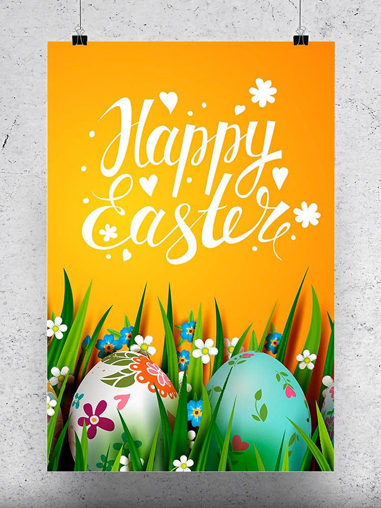 Happy Easter Eggs and Grass Decor Poster - Spring Home Wall Art for Easter Party, Classroom, Office & Festive Decorations