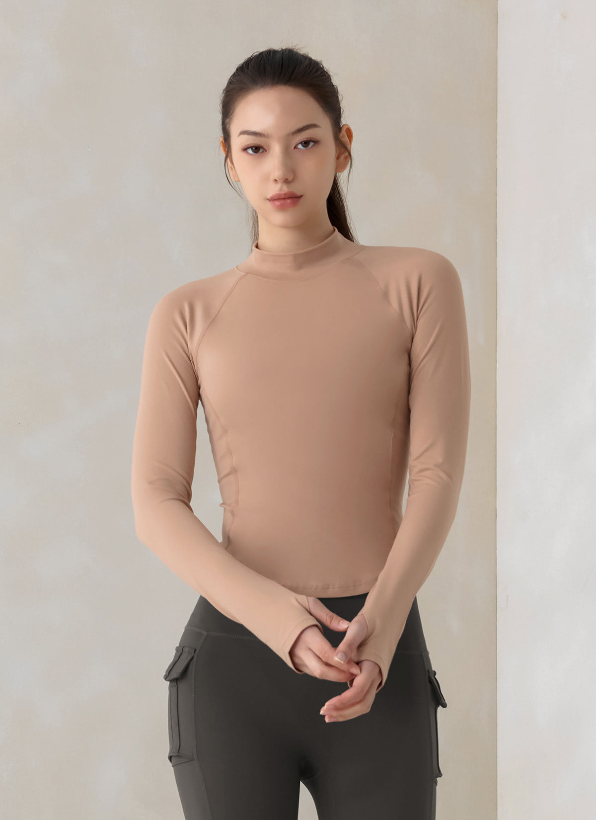 Peach-Colored Mock Neck Long Sleeve Top for Women - Perfect for Office Wear, Casual Outfits & Fall Layering