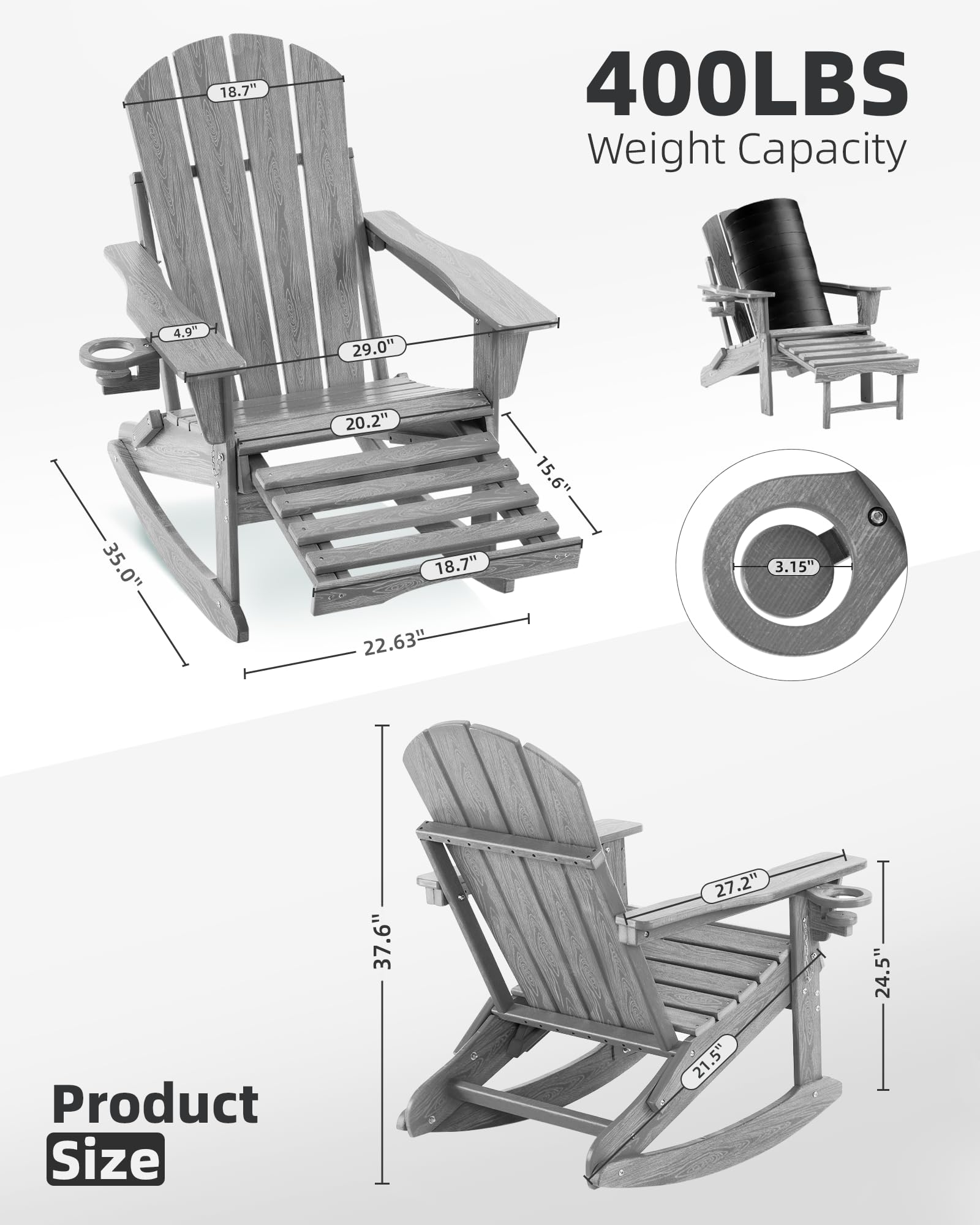 4-in-1 Folding Adirondack Rocking Chair with Ottoman - Wood Texture Patio Chair for Outdoor Relaxation in Backyard, Porch, Poolside & Garden (Grey) - Perfect for Lounging, Sunbathing & Entertaining Guests